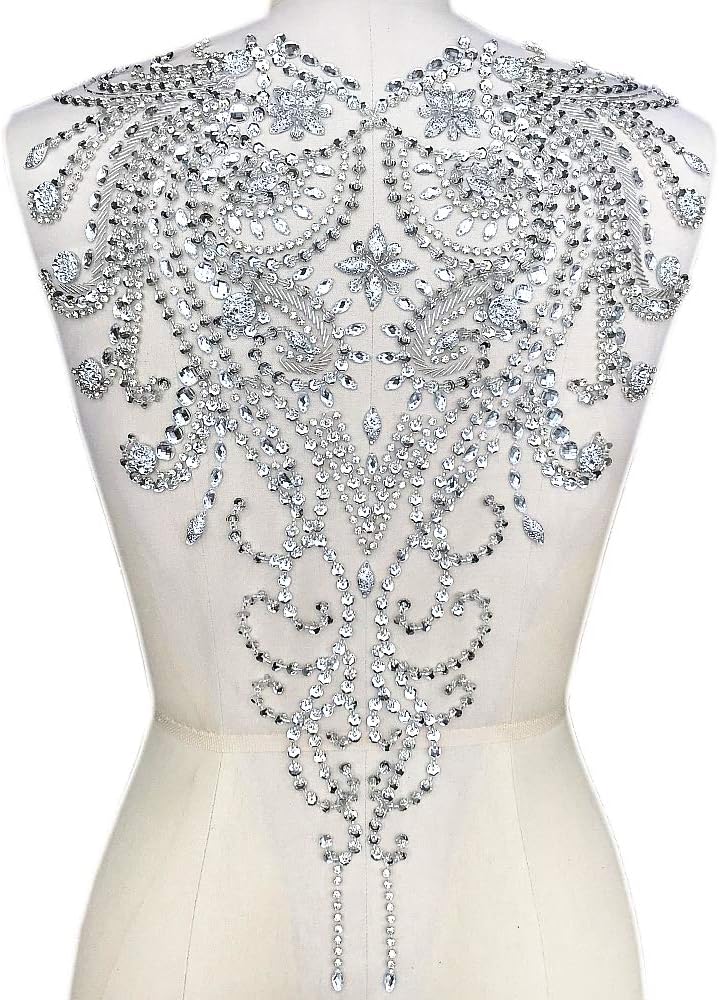 13.8x19 Inch Hand Made Beaded Sequins Rhinestones Crystals Wedding Patches Appliques for DIY Sewing Wedding Bridal Dress Prom Gown Clothes Dress Accessories Decorative (Silver)