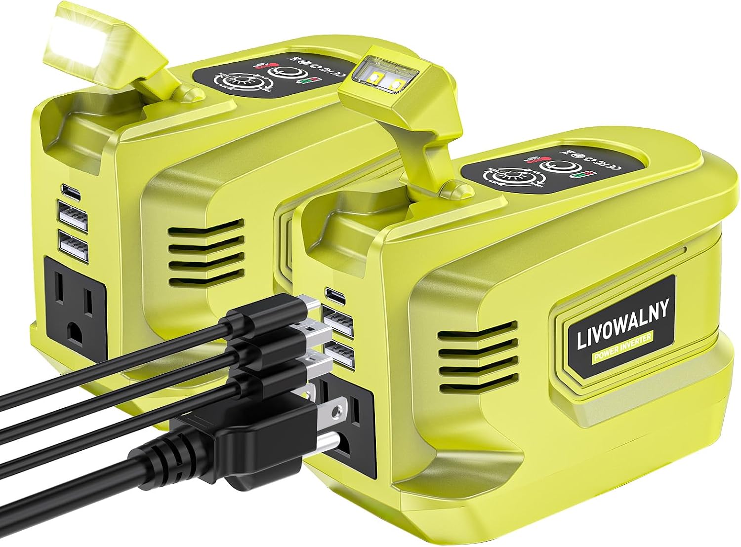 LIVOWALNY 220W-250W Power Inverter Compatible with Ryobi 18V Battery, DC 18V to AC 110-120V Power Station with 1 AC Outlet, 2 USB, 1 Type-C & LED Light, for Camping Power Outage (No Battery) (2-Pack)