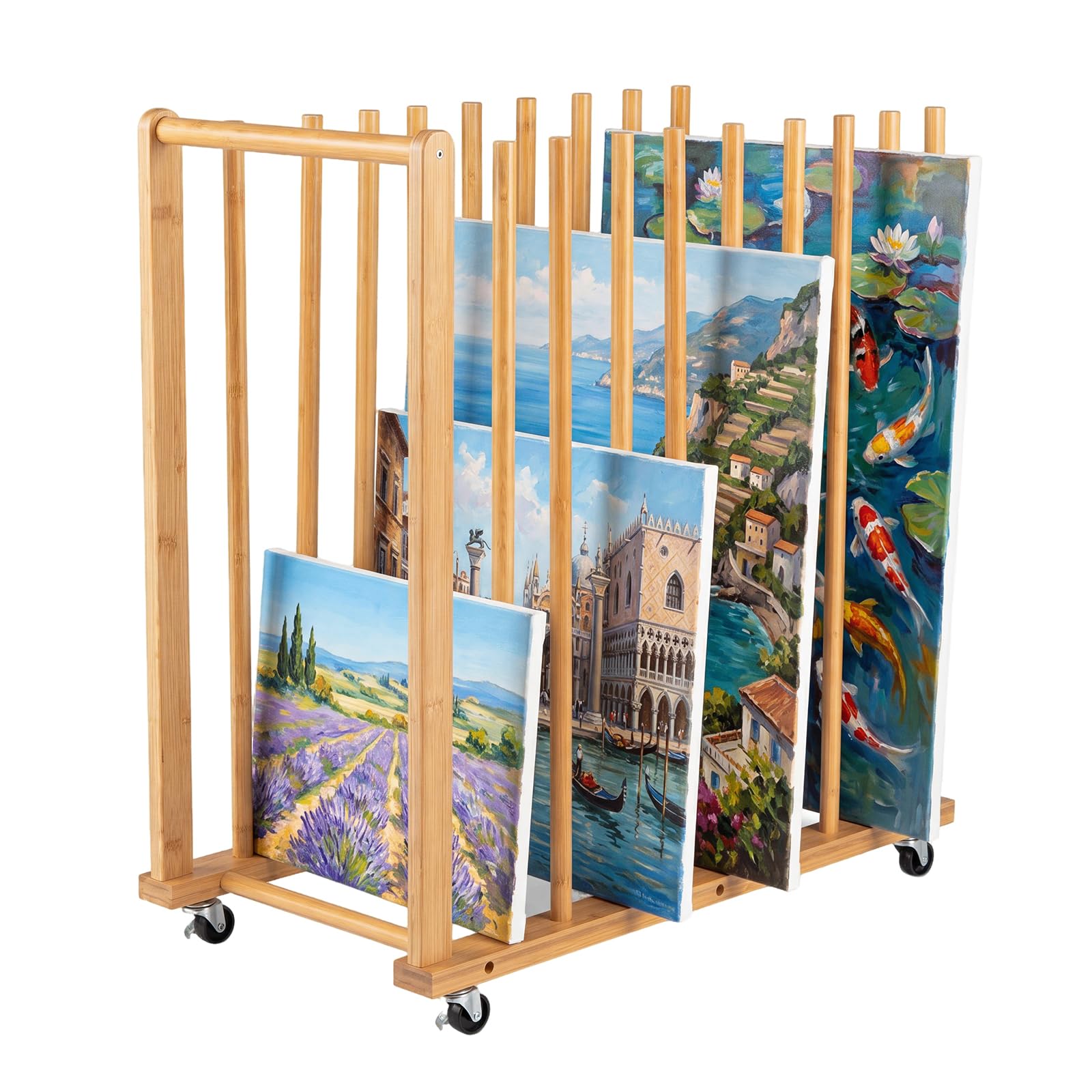 HOMASIS Leinwand-Aufbewahrungsregal, Trockengestell aus Bambus, Kunst Trockenständer mit Griff, 4 Rollen & Bremse, Trockengestell für Gemälde & Kunstwerke, 75 x 40 x 81 cm, Natur