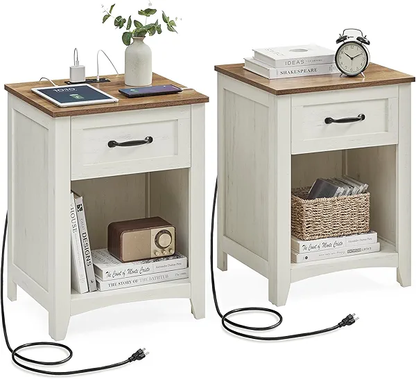 VASAGLE LIRY Collection - Farmhouse Nightstands with Charging Station, Set of 2 Bedside Tables, Side Tables with Drawer, Open Compartment, for Bedroom, Rustic White and Honey Brown ULET859K4