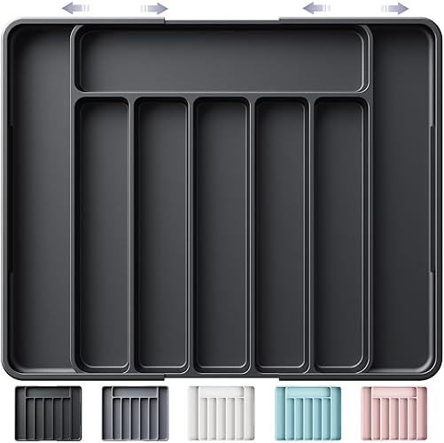 Kitsure Cutlery Drawer Organiser for Kitchen - Adjustable Cutlery Tray for Effortless Utensil Sorting, Versatile Kitchen Storage & Organisation Solution, 13.70" x 1.54" x 10.94"~20.08", Black - Large - Black