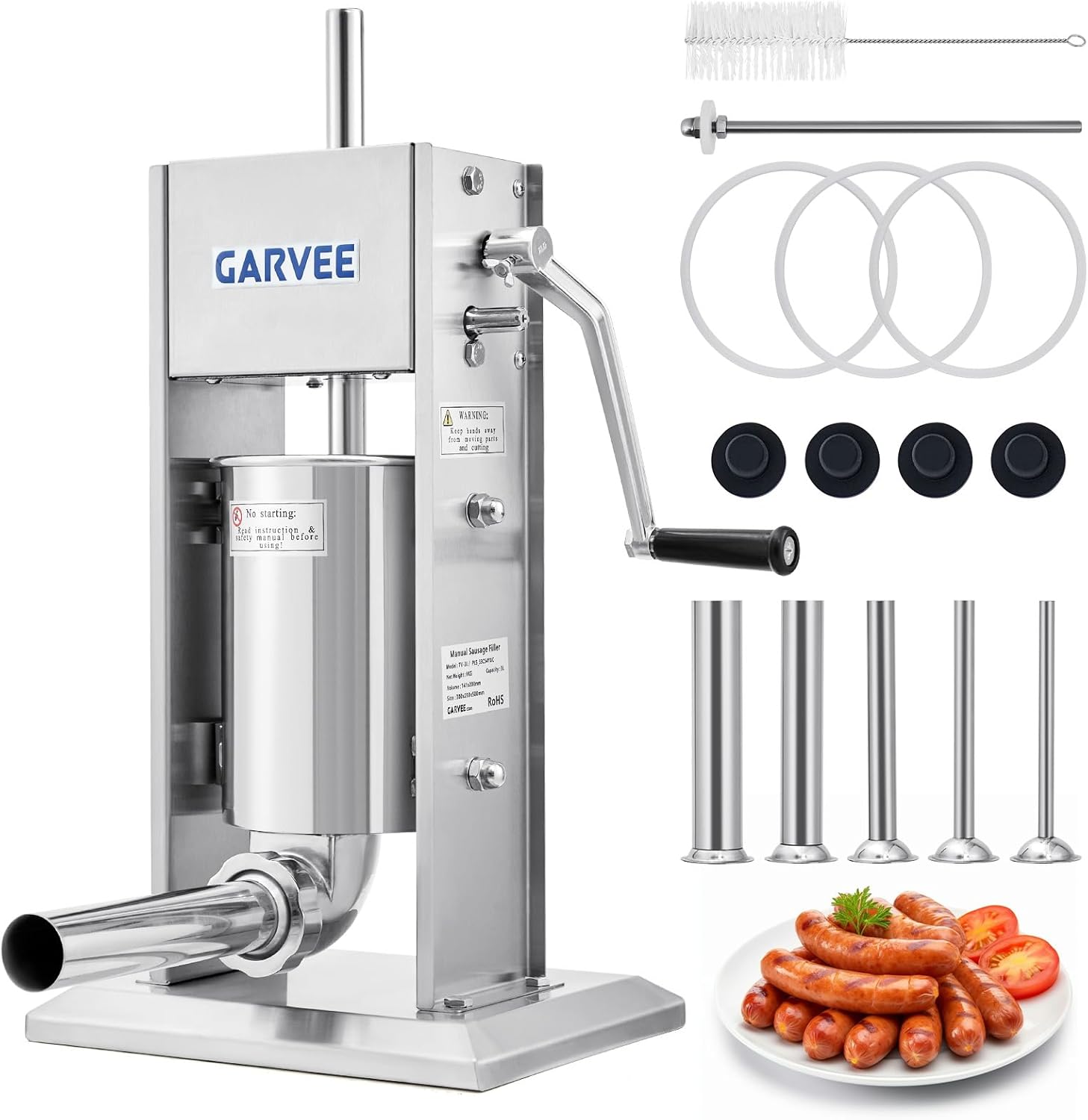 5L/11LB Vertical Manual Sausage Stuffer - 304 Stainless Steel 2-Speed Gear Sausage Maker with 5 Filling Tubes, Torque Adjustment, Cleaning Kit for Home, Restaurant, Commercial Use