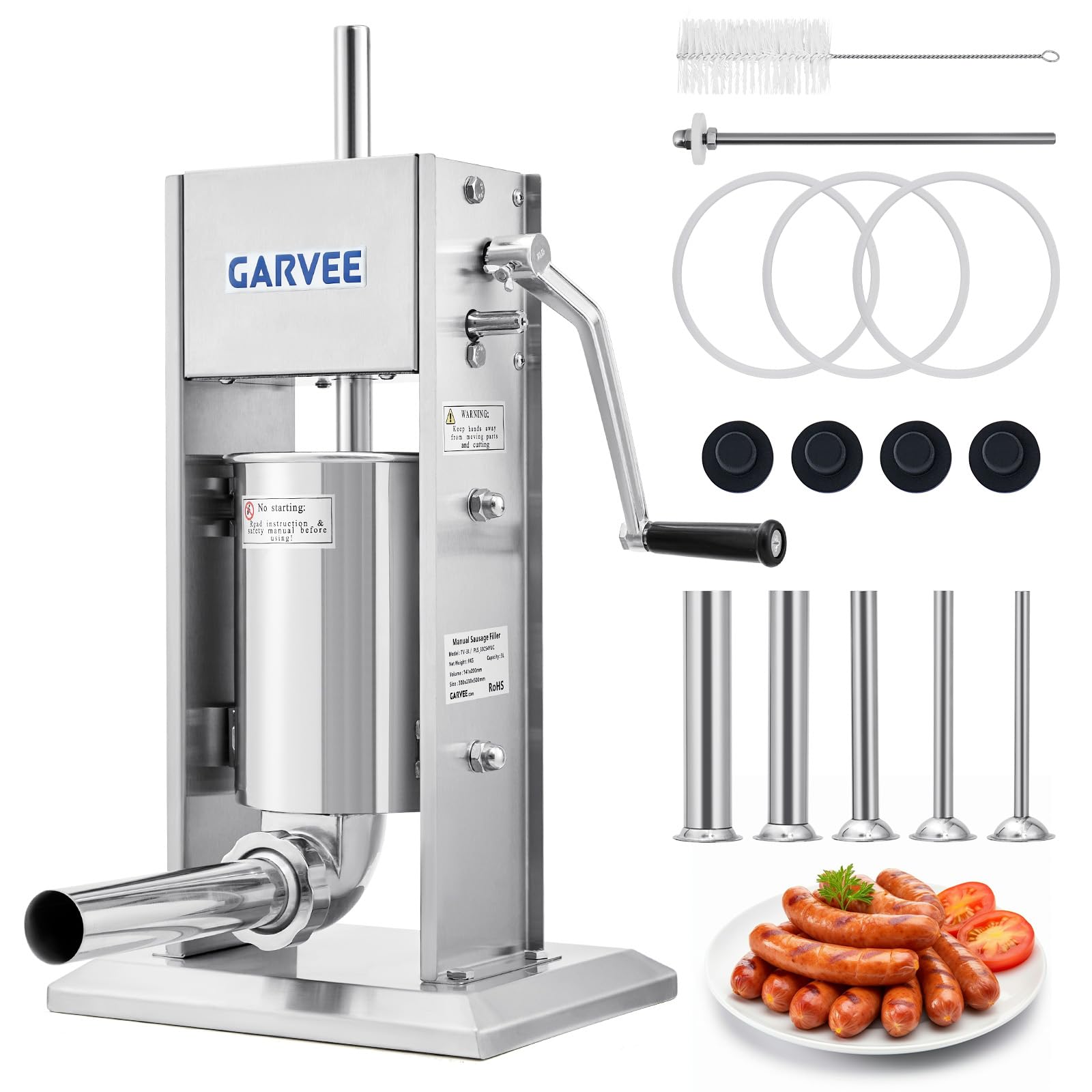 Premium Vertical Sausage Stuffer Machine 5L with 5 Stainless Steel Stuffing Tubes, Detachable Parts for Easy Cleaning, Commercial and Home Use