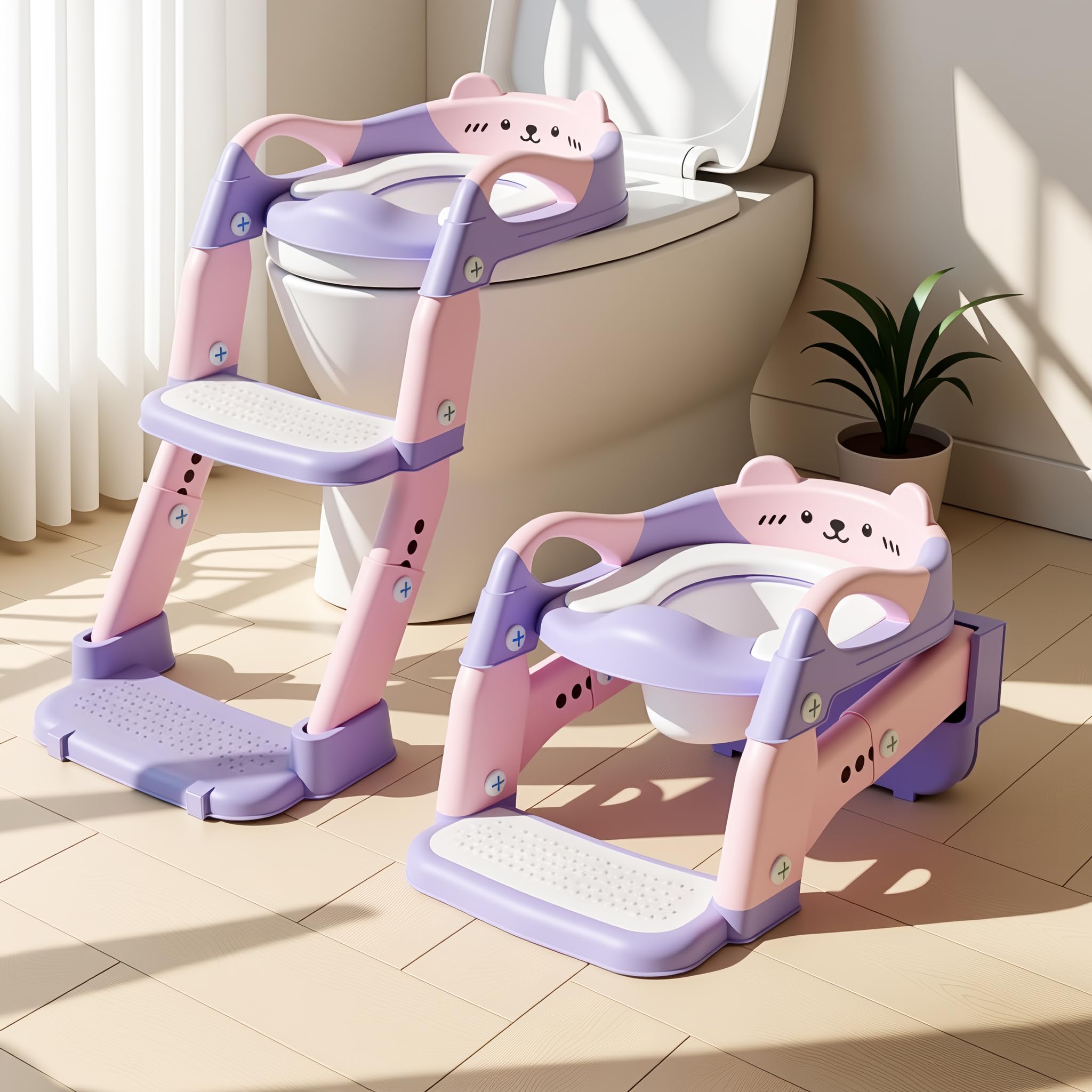 Toilettensitz Kinder mit Treppe, 3 in 1 Klappbarer Toilettenleiter für Kinder, Rutschfest und Wasserdicht, mit Spritzschutz, Kinder Toilettensitz für Kinder das Selbstständige Toilettentraining（Lila）