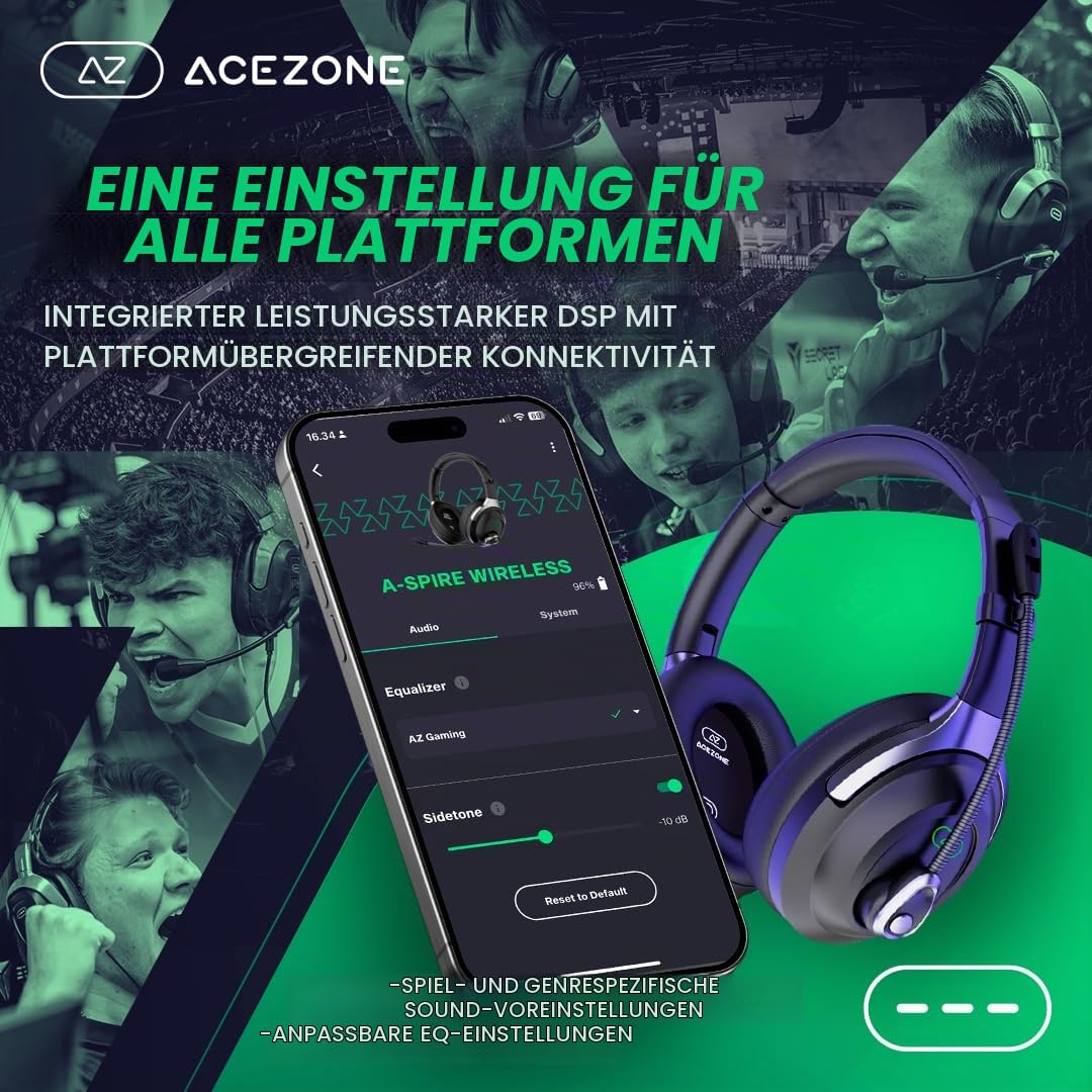 AceZone A-Spire Wireless ANC Gaming-Headset kabelloser 2,4-GHz-Dongle der nächsten Generation geräuschunterdrückendes Flip-to-Mute Mikrofon BT 5.4 LE Audio Mobile App leicht PC, PS5, PS4, Switch