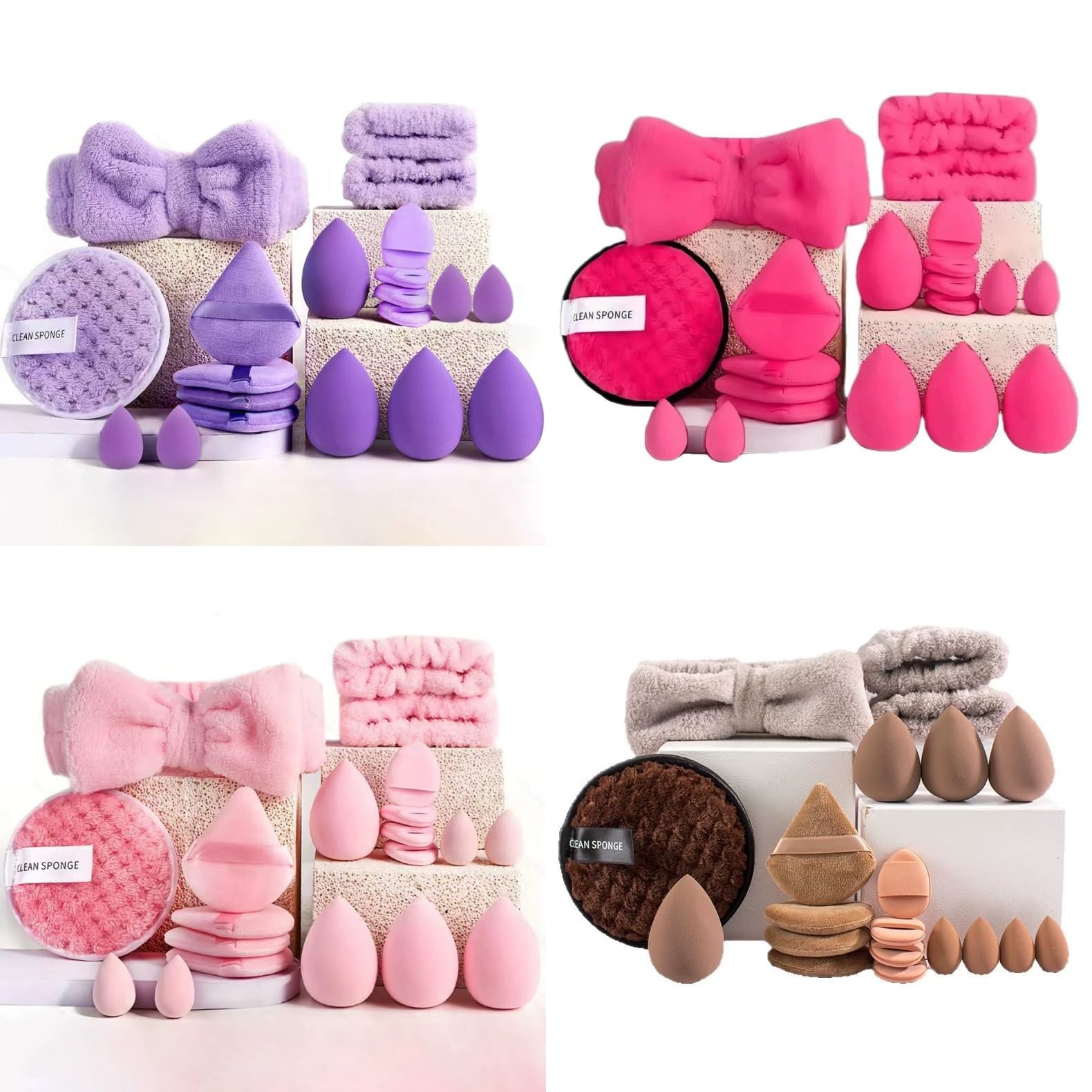 Soft Makeup Puff Set with Headband and CLEAN Pad 20 Pcs | Beauty Sponge Set in 4 Pastel Colors | Teardrop & Flat Blenders for Foundation, Powder, and Creams | Complete Face Makeup Tool Kit for Flawless Application (04#Brown, 20PCS)-image-17