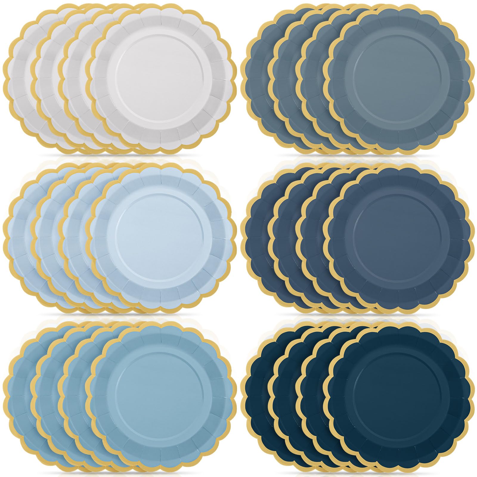 48 Pcs Dusty Blue Paper Plates 9 Inch Gradient Scalloped Paper Blue Plates Disposable Dinner Dessert for Birthday Wedding Bridal Party Supplies, 6 Colors