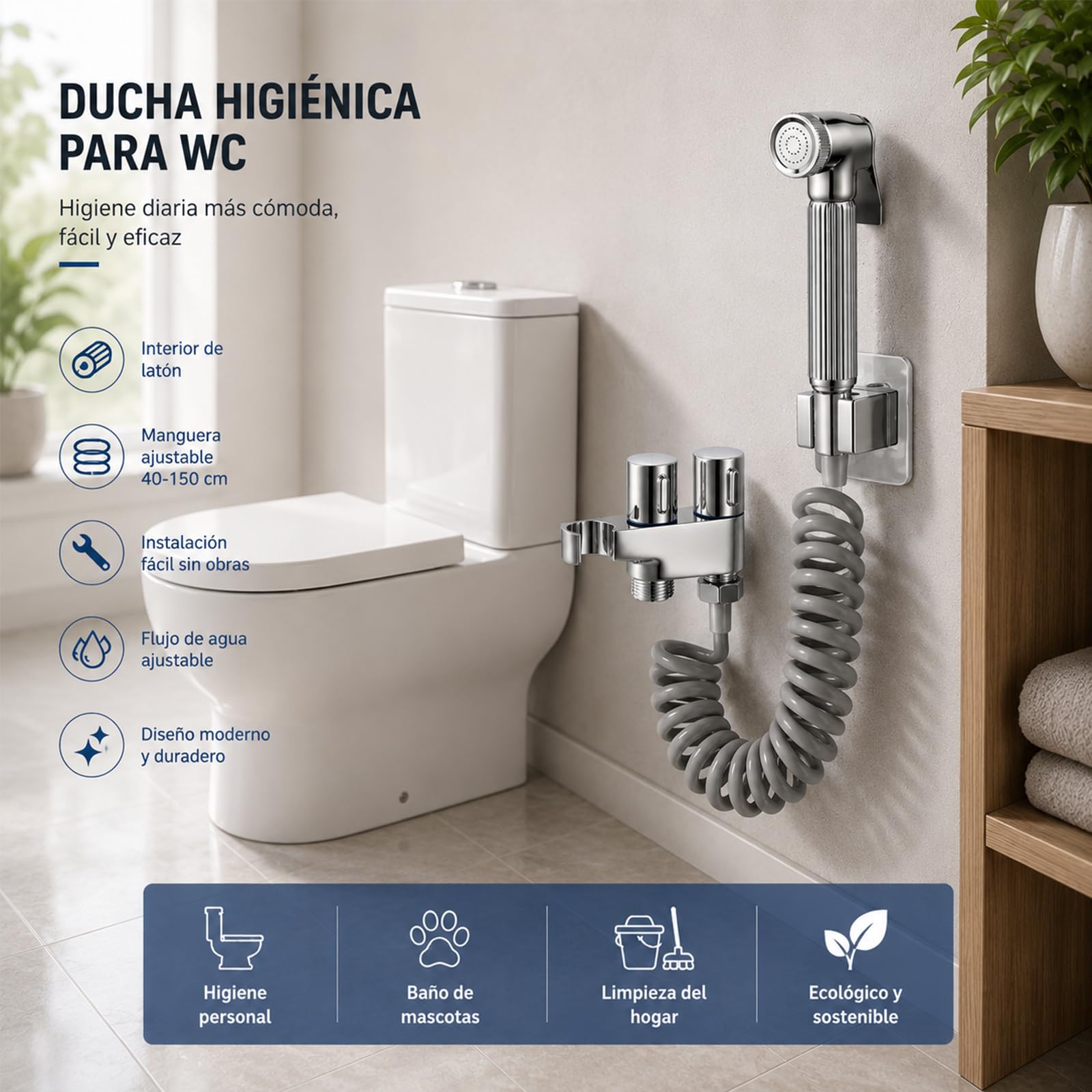Ducha Higiénica WC con Soporte Integrado, Grifo Bidet de Latón con Manguera Espiral 1.5m, Fácil Instalación sin Obras, Pulverizador para Baño y Limpieza (Kit Actualizado)