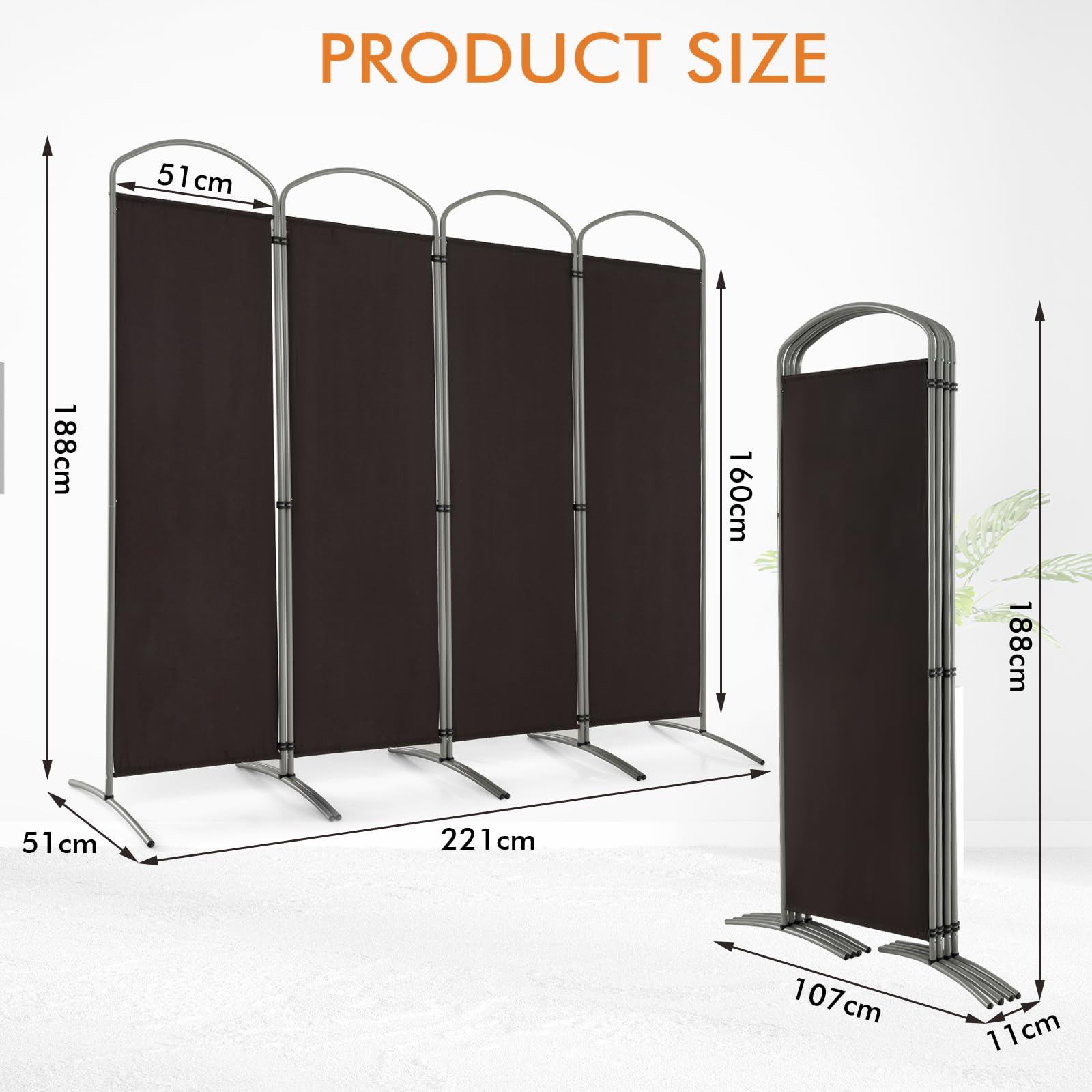 LIFEZEAL Divisorio a 4/6 Pannelli, Separè per Interno, Esterno, Paravento Mobile, Pieghevole, Parete Divisoria, Telaio in Metallo, con Ruote, Protezione di Privacy (marrone, 4 pannelli | 221x188cm)