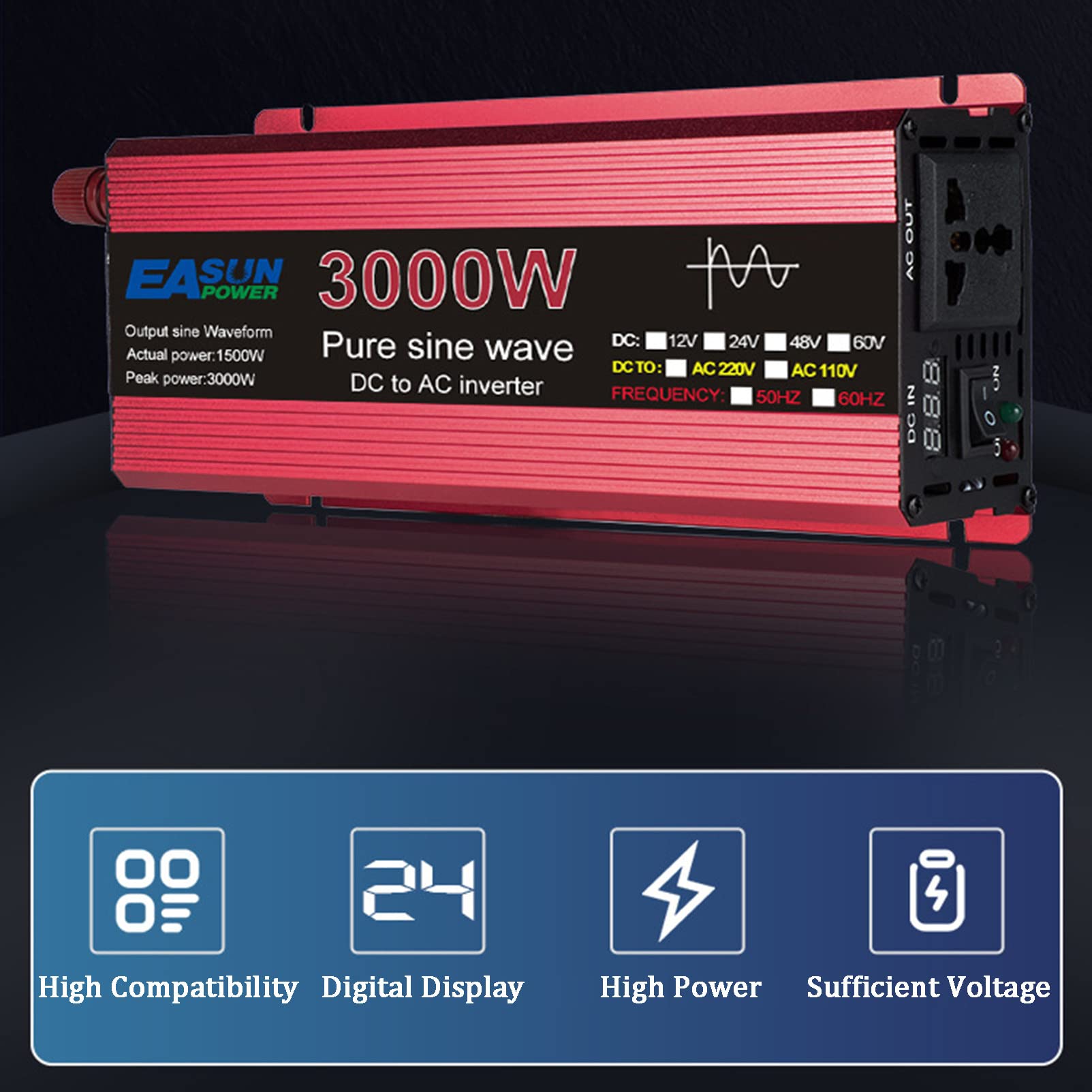 1000W/1600W/2200W/3000W Przetwornica Napięcia Samochodowego 12V/24V DC do 220V AC Samochód Ciężarowy Falownik RV Porty ładowania na Wycieczki Drogowe,24V-3000W