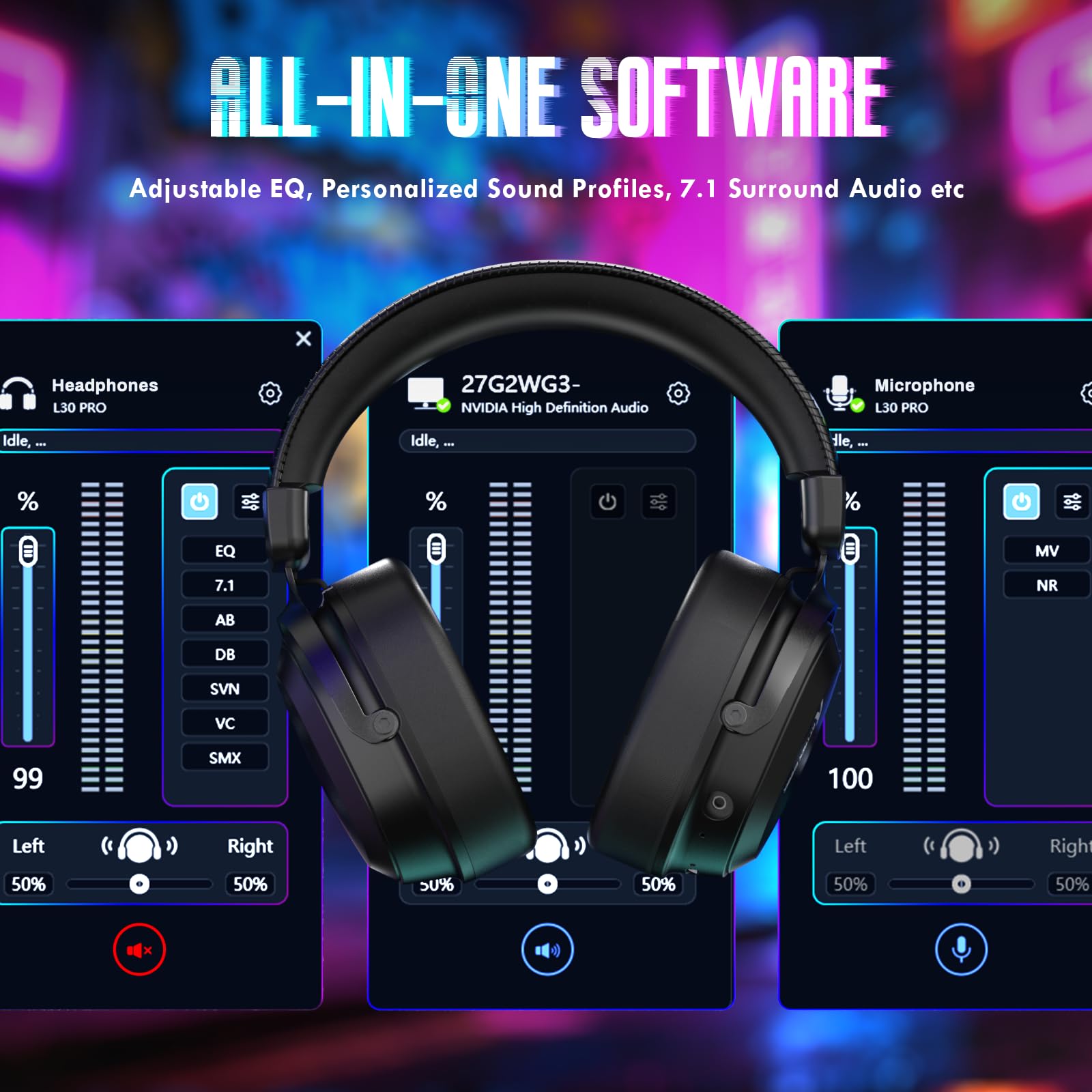 ATTACK SHARK L30PRO Kabelloses Gaming-Headset, 7.1 Surround Sound, EQ-Modi, 50-mm-Treiber, Tri-Modus, 1100-mAh-Akku, Over-Ear-Headset mit Abnehmbarem Noise-Cancelling-Mikrofon für PC - Schwarz