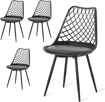 Dining Chairs set of 4, Kitchen Chairs, Bedroom Chair with Soft Cushions and Iron Legs, for Living Rooms, Study, Gardens, etc, Black | Mesh Design Side Shell Chair for Indoor/Outdoor Dining Room Living Room Cafe Restaurant and Office