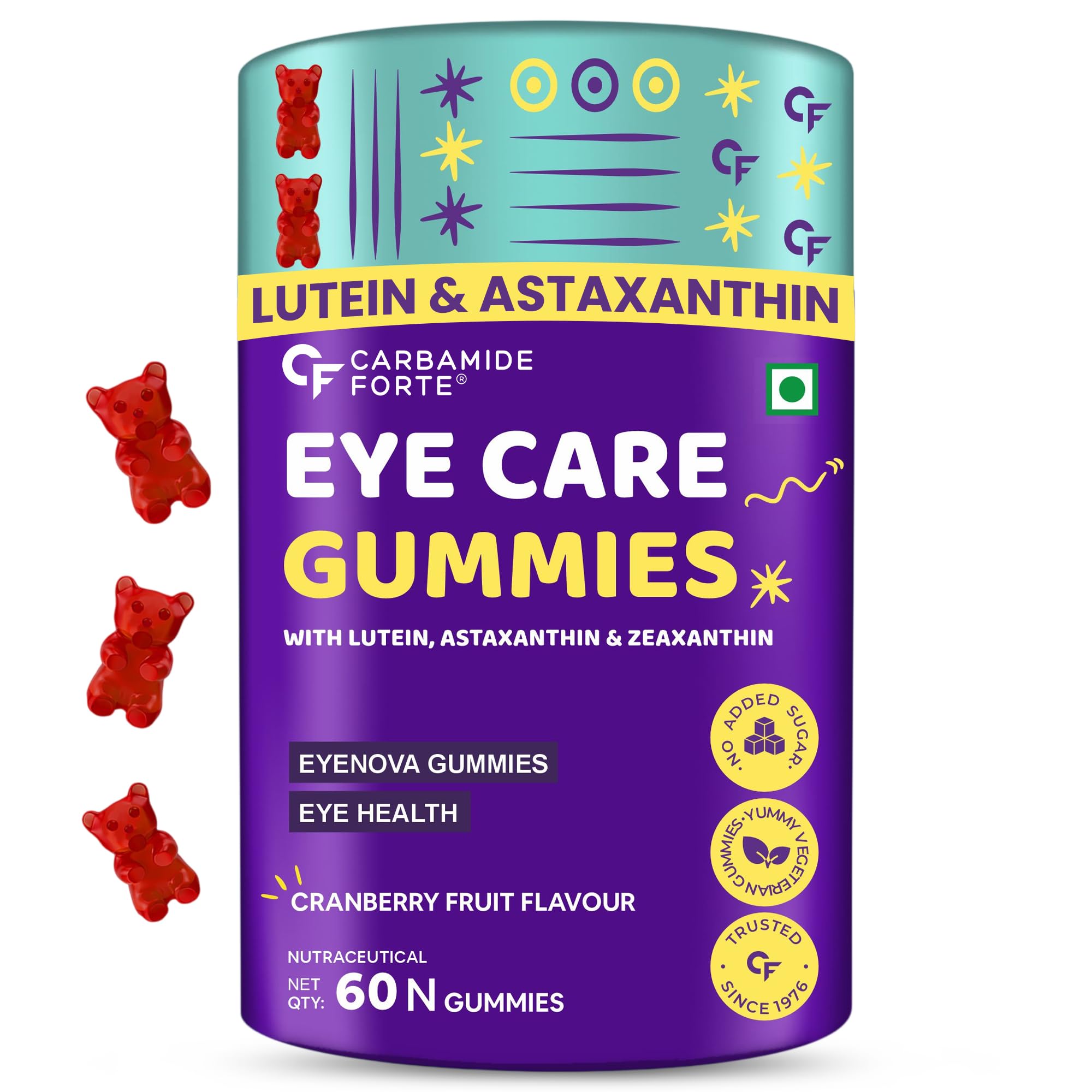 Carbamide Forte Eye Care Supplement | Lutein and Zeaxanthin Supplements for Eye Care | Cranberry Flavoured - 60 Gummies