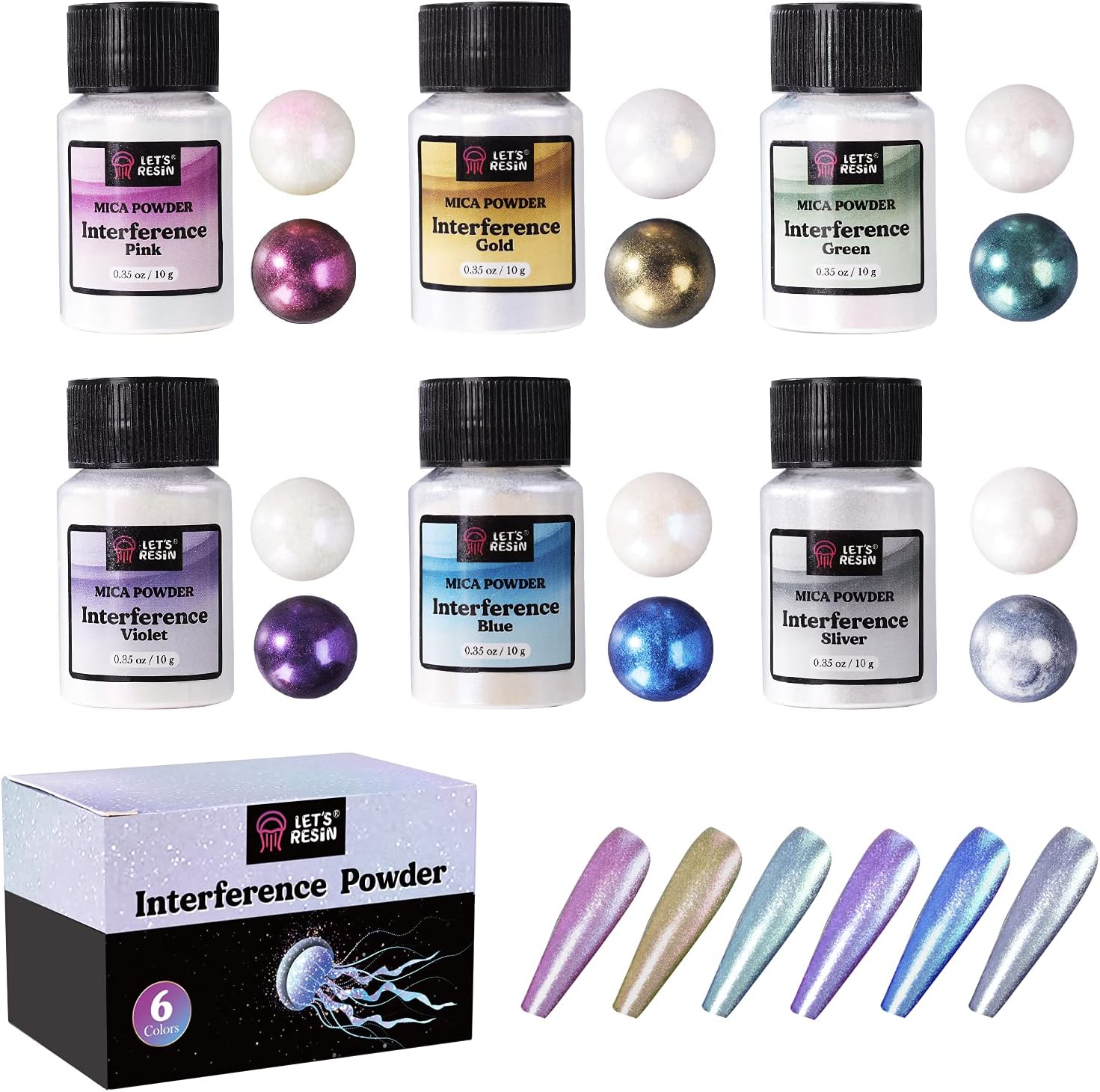 LET'S RESIN Resin Mica Powder, 6 Colors Interference Mica Powder for Epoxy Resin, Spirit Pearl Pigment Powder for Resin, Paint, Slime, Art