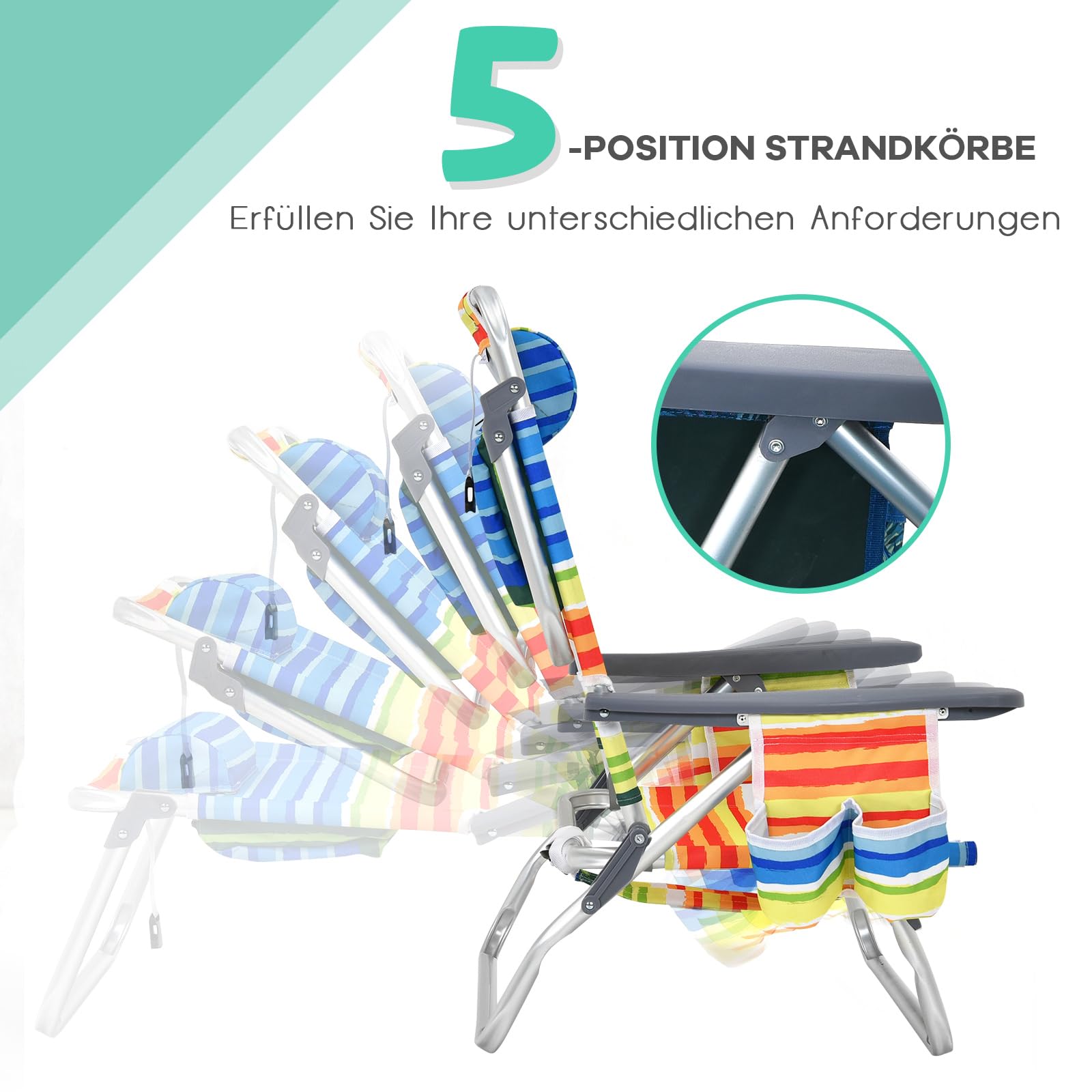 COSTWAY Strandstühle und Tisch Set, klappbare Campingstühle mit Verstellbarer Rückenlehne, Kopfstütze, Seitentaschen, Eisbeutel, Armlehnen & Schultergurten, Klappstühle leicht, Mehrfarbig