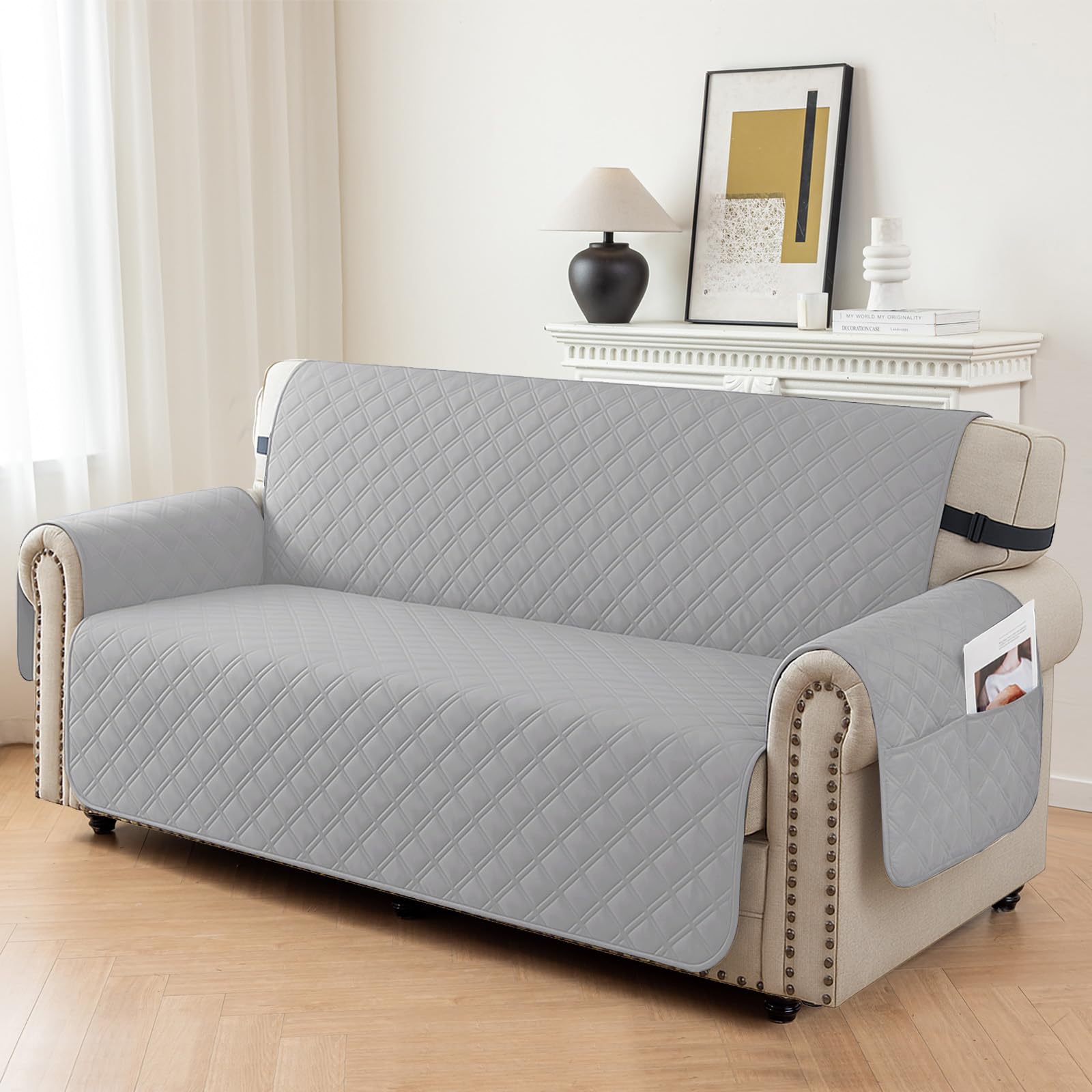 Ystyle Copri Divano 2 Posti Con Braccioli, Impermeabile Copridivano Natalizio Antigraffio Gatto, Universale Copridivani Trapuntato Salvadivano, Sofa Cover Antiscivolo Antimacchia, Grigio Scuro