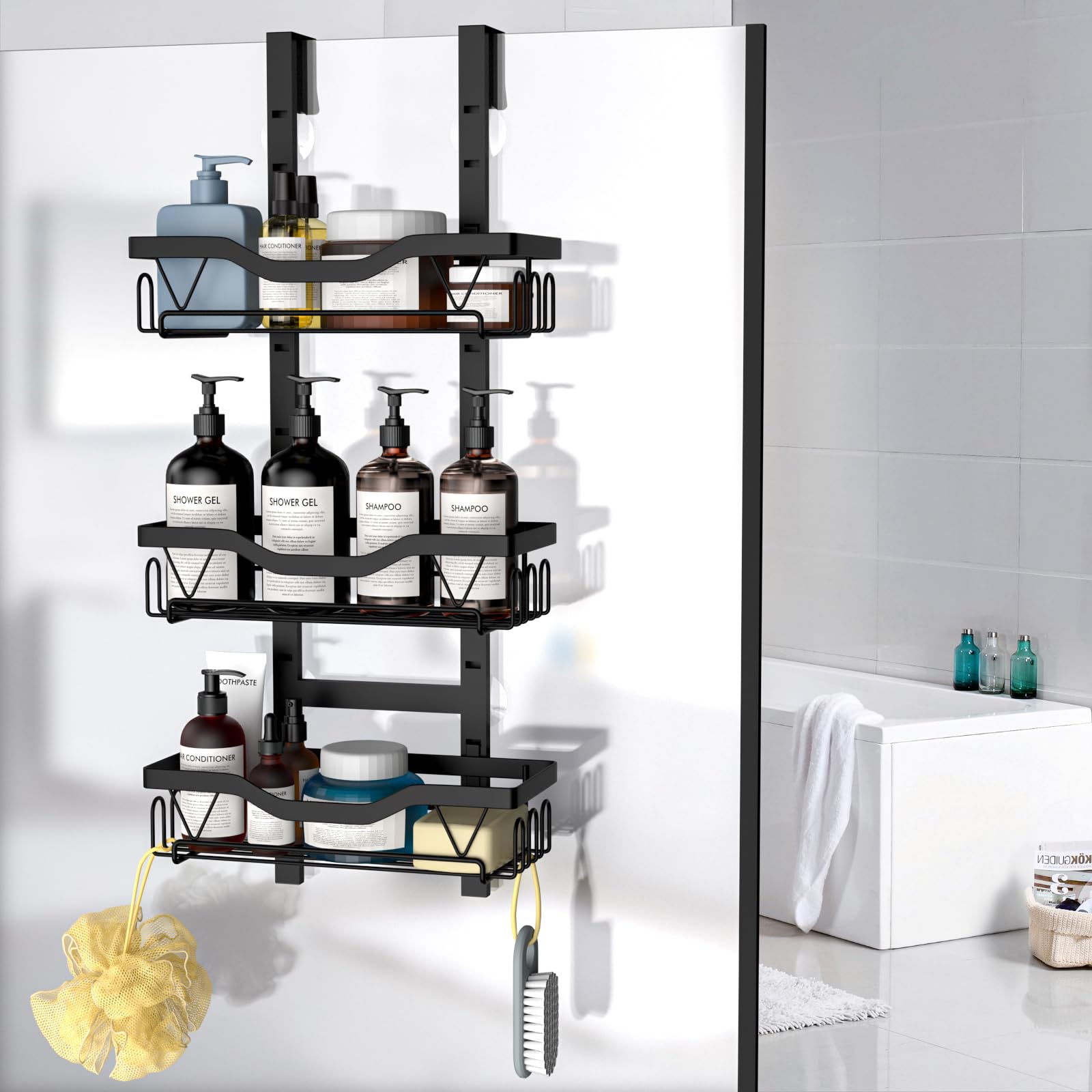 Etagere Douche à Suspendre, Rangement Douche sans Percage aver 3 PCS Réglable Panier à Suspendre pour le Gel et le Shampooing (Noir)