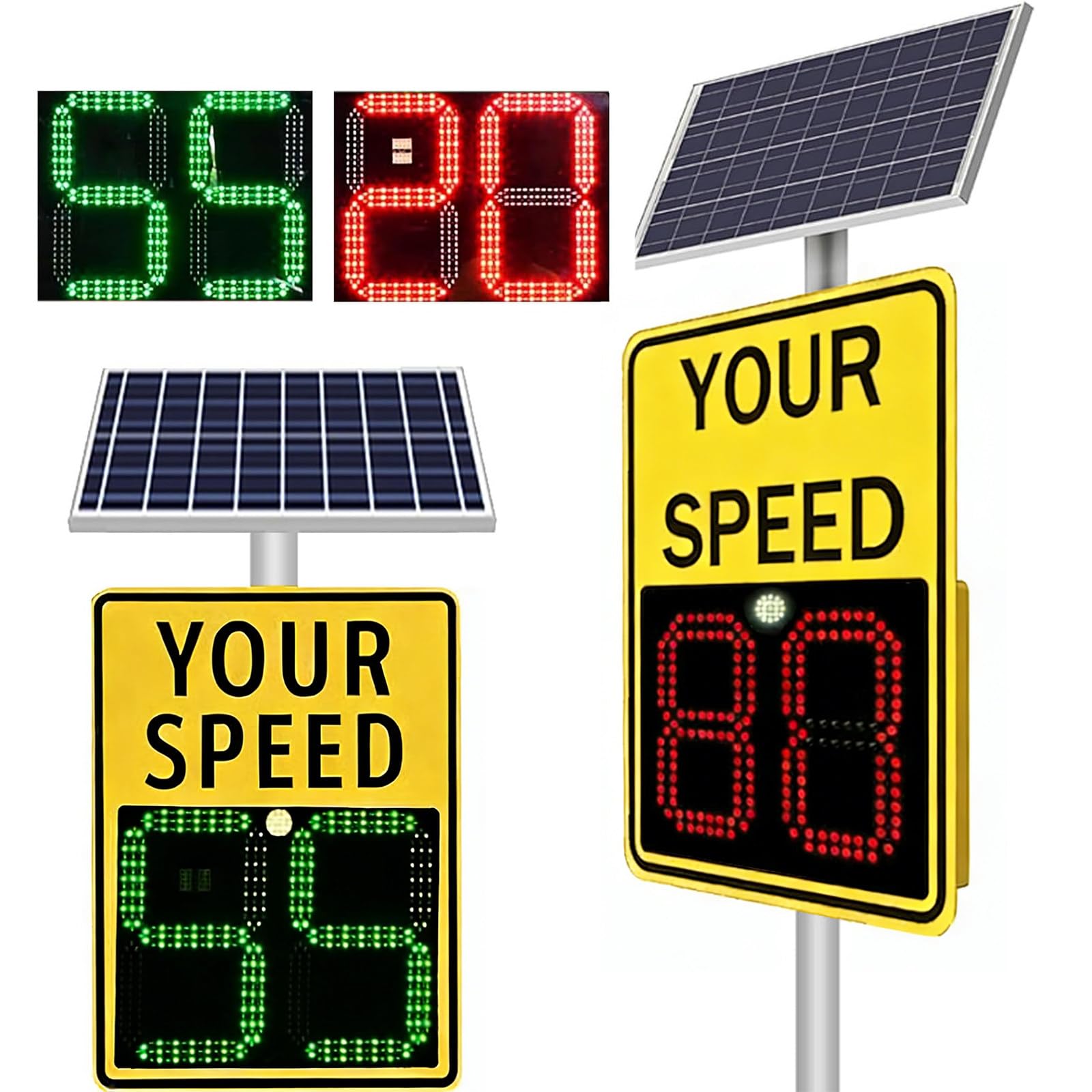 JozyJul 24x35 Inch Road Signs Solar Radar Speed Detector, LED Speed Limit Feedback, Remote Control Adjustable, and Rust-Free Aluminum for Highways and School Zones Yellow