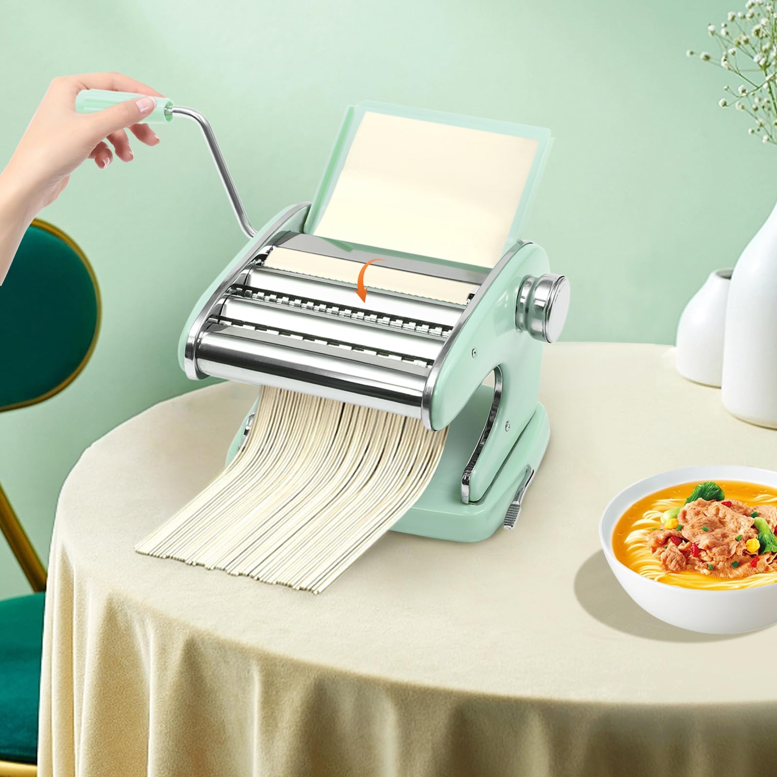 CNCEST Pasta Maker Machine, With 6 Adjustable Thickness Settings, Stainless Steel Fresh Pasta Noodle Maker Roller & Cutter Manual Hand Crank Home (Green)