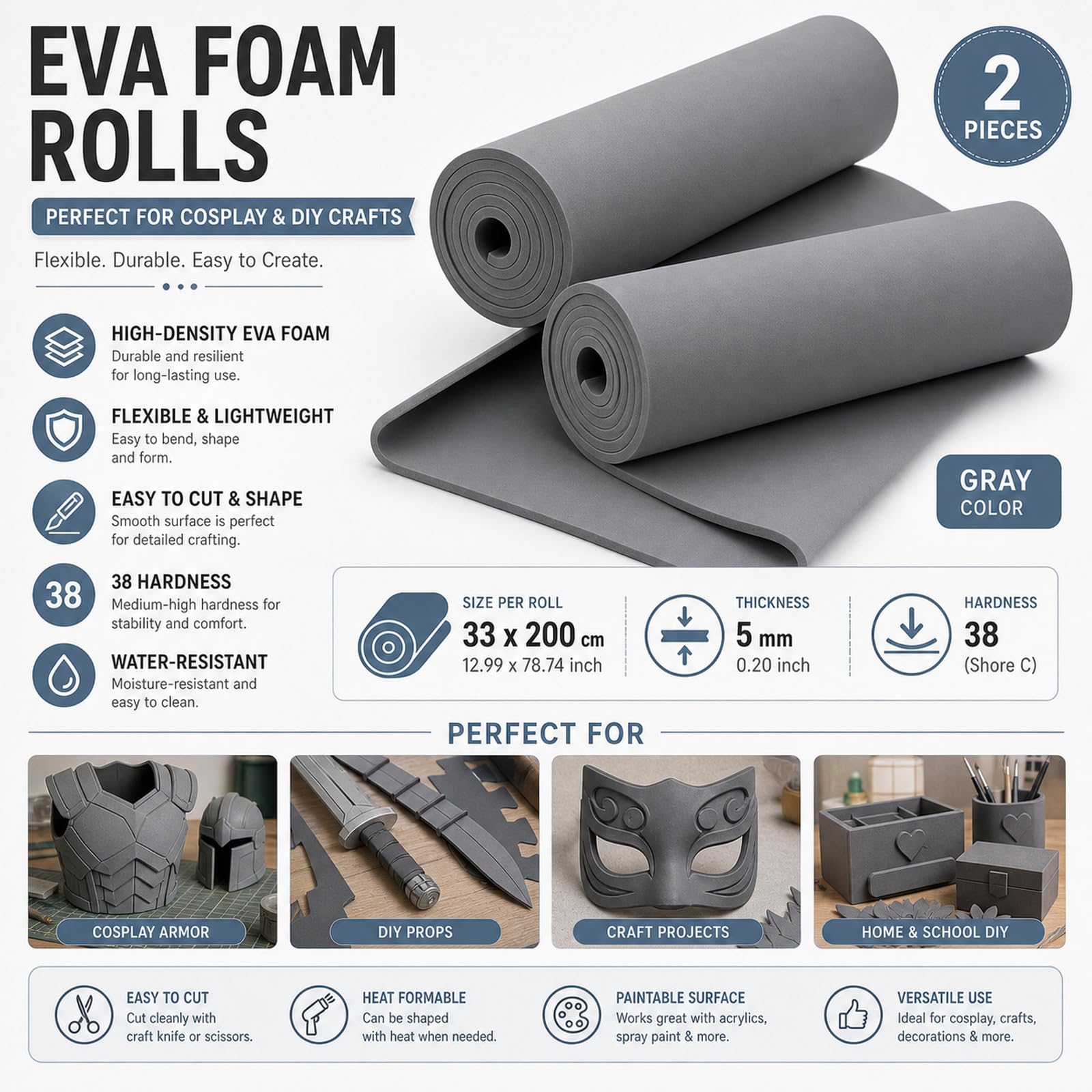 STARVAST 2 Pièces Mousse EVA 5 mm, Eva Foam Gris 33 x 200 cm, Rouleau de Mousse Haute Densité Dureté 38 pour Protection, Bricolage et Découpe