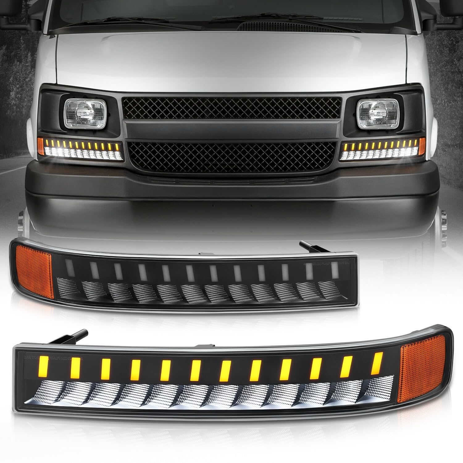 Auto Dynasty Full LED Front Bumper Parking Turn Signal Light Assembly Compatible with Chevrolet Express GMC Savana 1500 2500 3500 2003-2023, 3-Stage Animation Boot-up, Black Housing Amber Corner