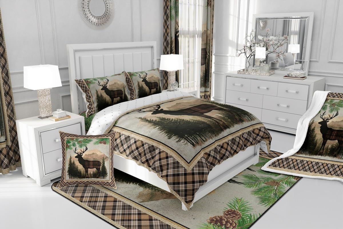 Feelyou Deer Bedding Set for Girls Boys Kids Queen Size Deer Hunting Duvet Quilt Room Decor Rustic Cabin Lodge Comforter Set Buffalo Check Wild Animal Brown Green 3Pcs Soft