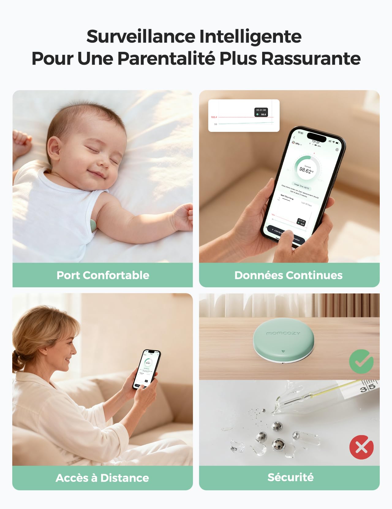 Thermomètre Numérique Portable Momcozy pour Bébé, Qualité Médicale, Lectures Instantanées, Suivi en Temps Réel via Application pour Nourrissons et Enfants, Bluetooth, Vert
