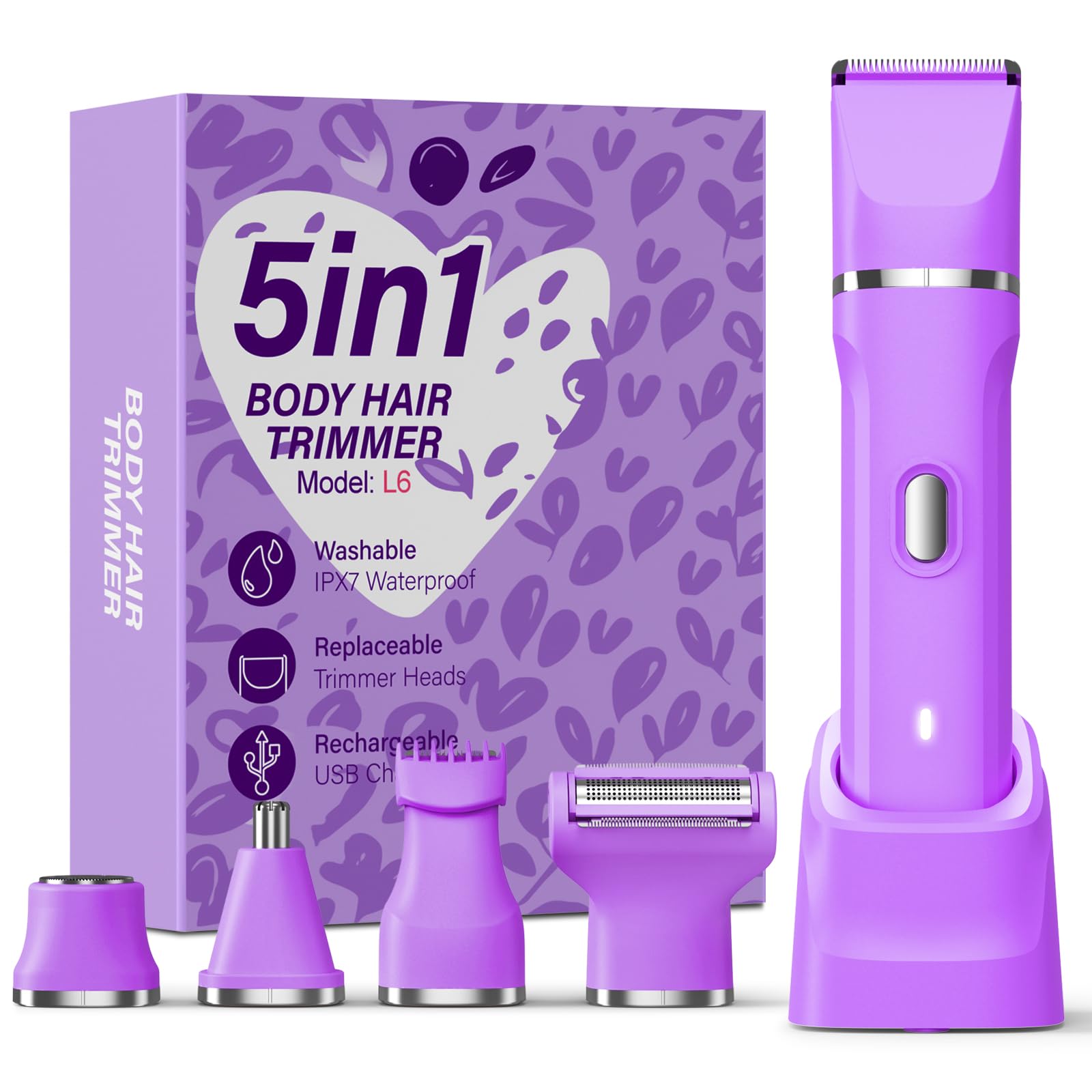 5-in-1 Bikini Trimmer for Women, IPX7 Waterproof Electric Razors Shaver, Cordless Body Hair Trimmer, Facial &amp; Pubic Hair Removal, Ceramic Blade (Eggplant)