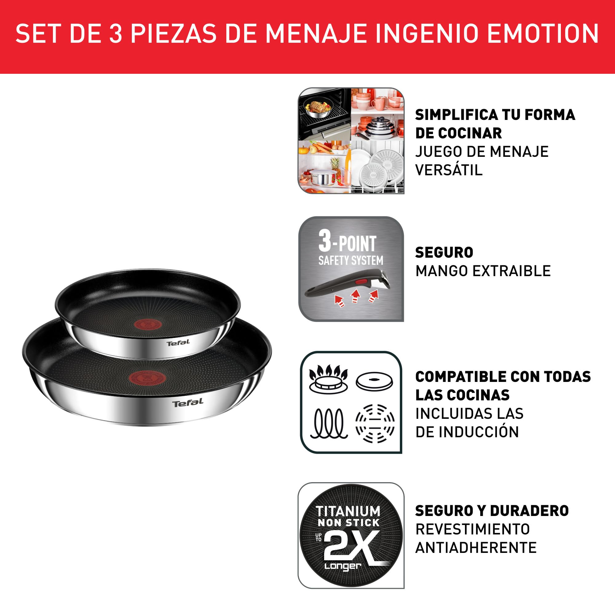 Tefal Ingenio Emotion - Juego de 2 Sartenes 22/26 cm + Mango extraíble, Apto inducción, antiadherentes, revestimiento titanio, Thermo-signal, apto lavavajillas y horno — view 3