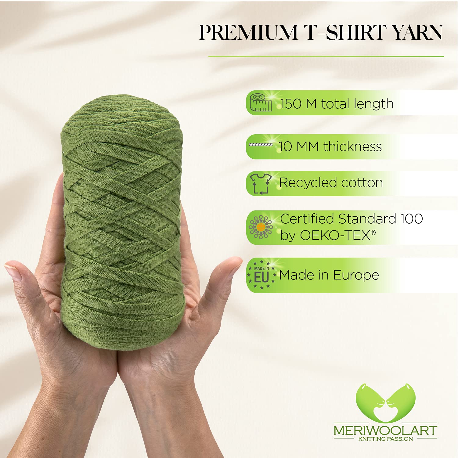 MeriWoolArt® Cotton Yarn Ribbon Green, 10 mm T-Shirt Tape Yarn for Knitting Macrame, Crochet, Weaving, Gift Ribbon - Image 2