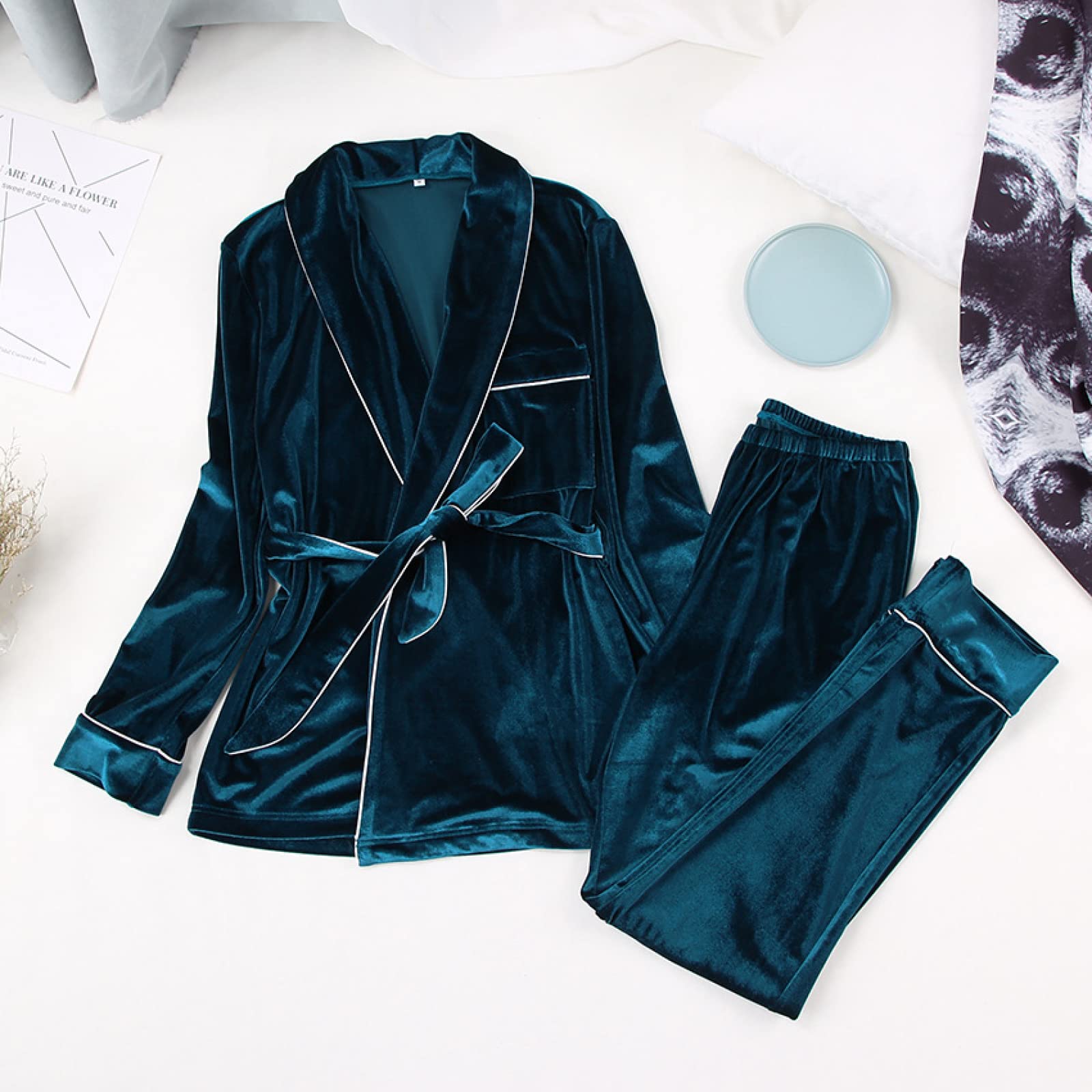 BOMEETSIA Conjunto De Dos Piezas De Pijama De Manga Larga para Mujer, Conjunto De Cárdigan Cálido Y Cómodo, Camisón Sexy para Mujer, Verde, L