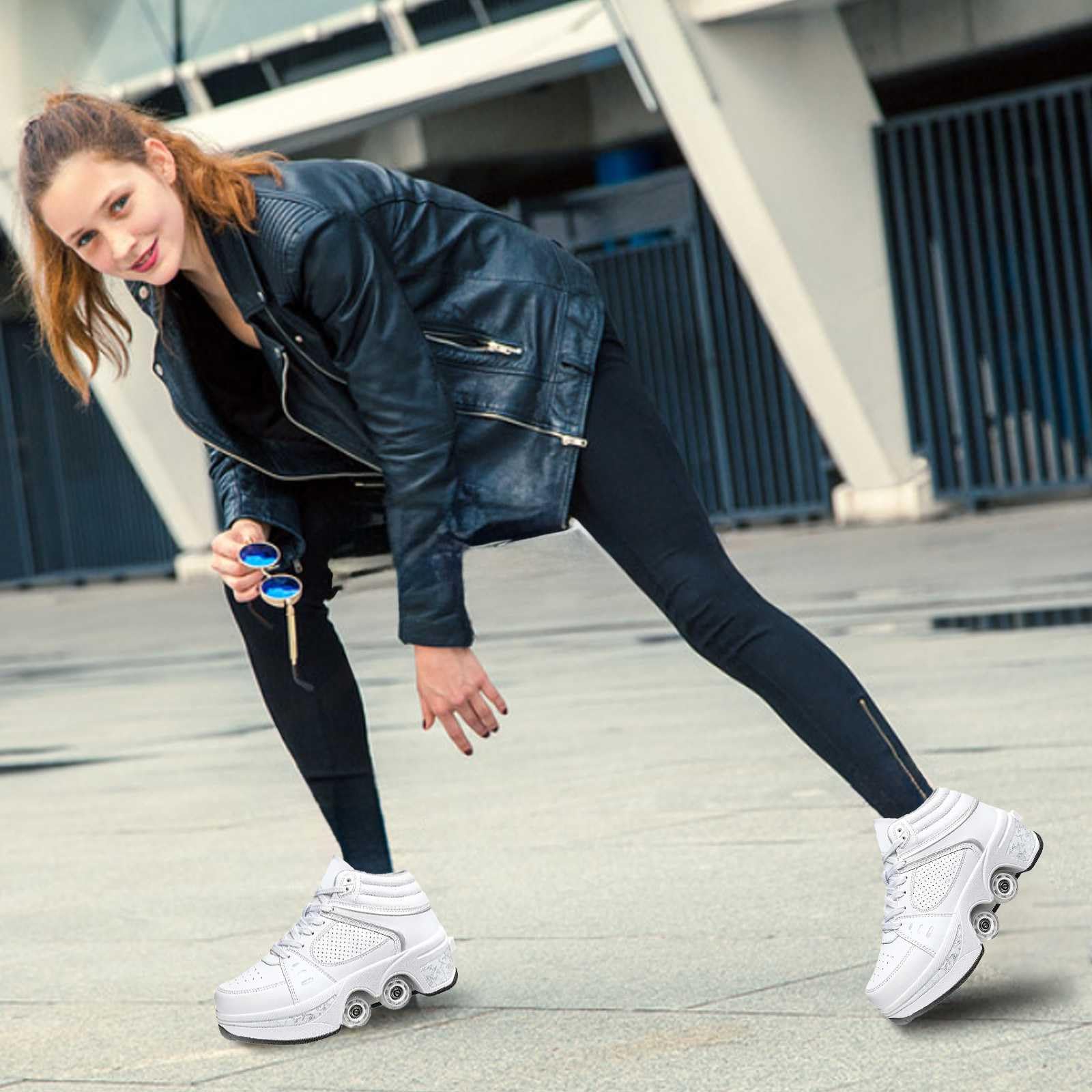 Chaussures à roulettes pour garçons et Filles Basket a Roulette Retractable Baskets Chaussures Qui se transforment en Roller avec 4 Roues pour Adolescents et Adultes
