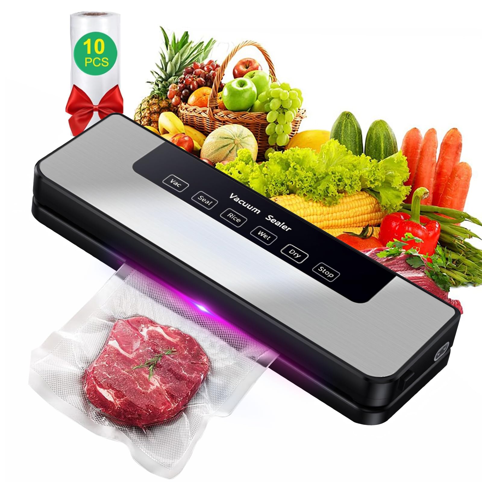 LiveGo Food Saver Vacuum Sealer Machine,High-Speed Continuous Working 65kPa Suction Power Food Sealer with 10 Airtight Bags and Accessory Hose for Food Save and Storage