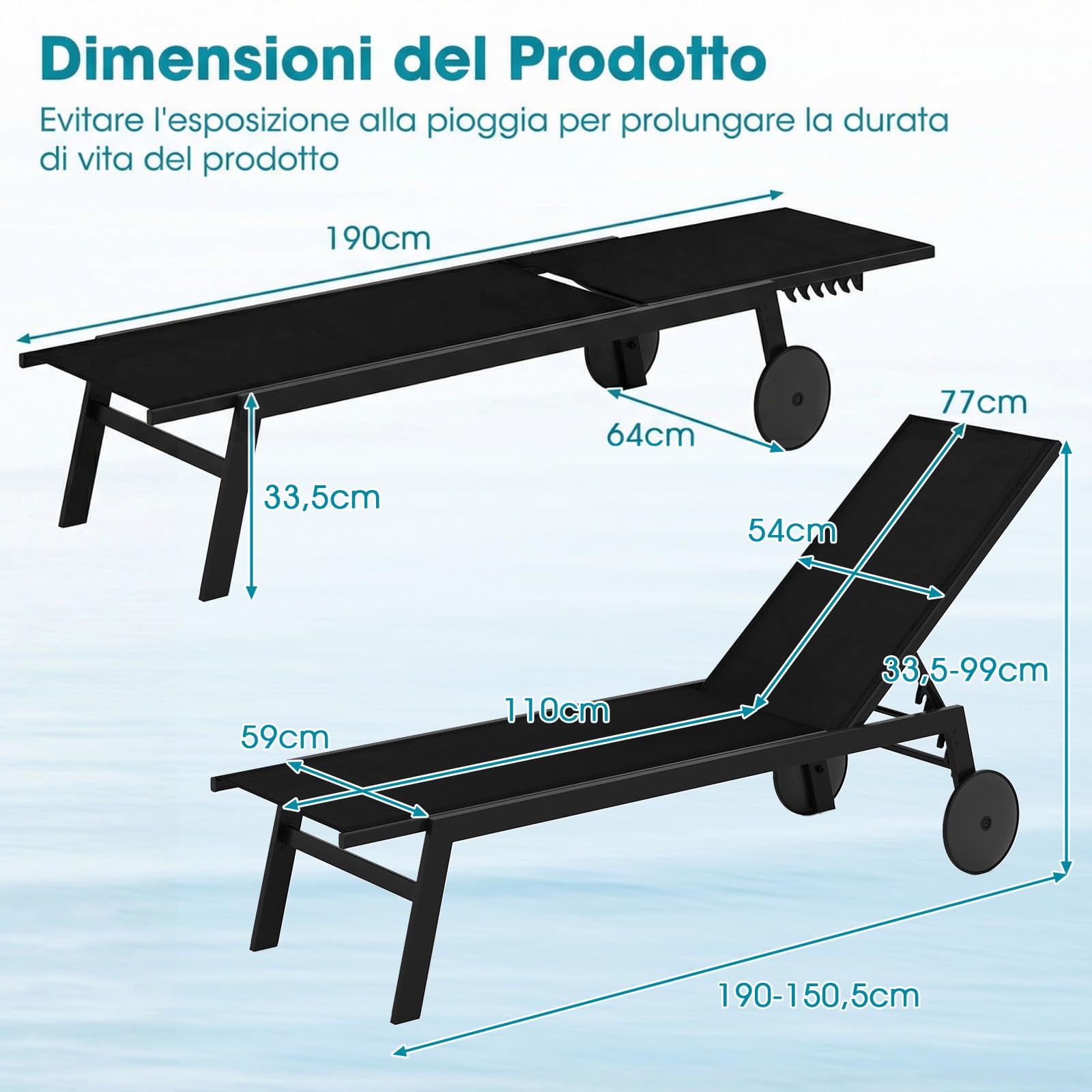 COSTWAY Lettino Prendisole da Giardino, Sdraio da Patio con Schienale Regolabile a 6 Posizioni, Tessuto Traspirante, 2 Ruote, per Piscina, Terrazza e Giardino, Portata 150 kg (Nero,1)
