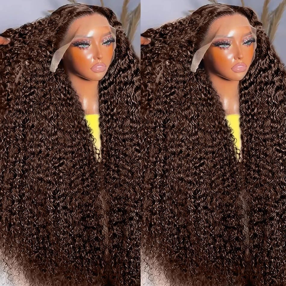 Aonou Full Deep Wave Lace Front Wigs Human Hair Chocolate Brown 220% Density 13x6 HD Lace Front Wigs Human Hair Pre Plucked Deep Curly Lace Frontal