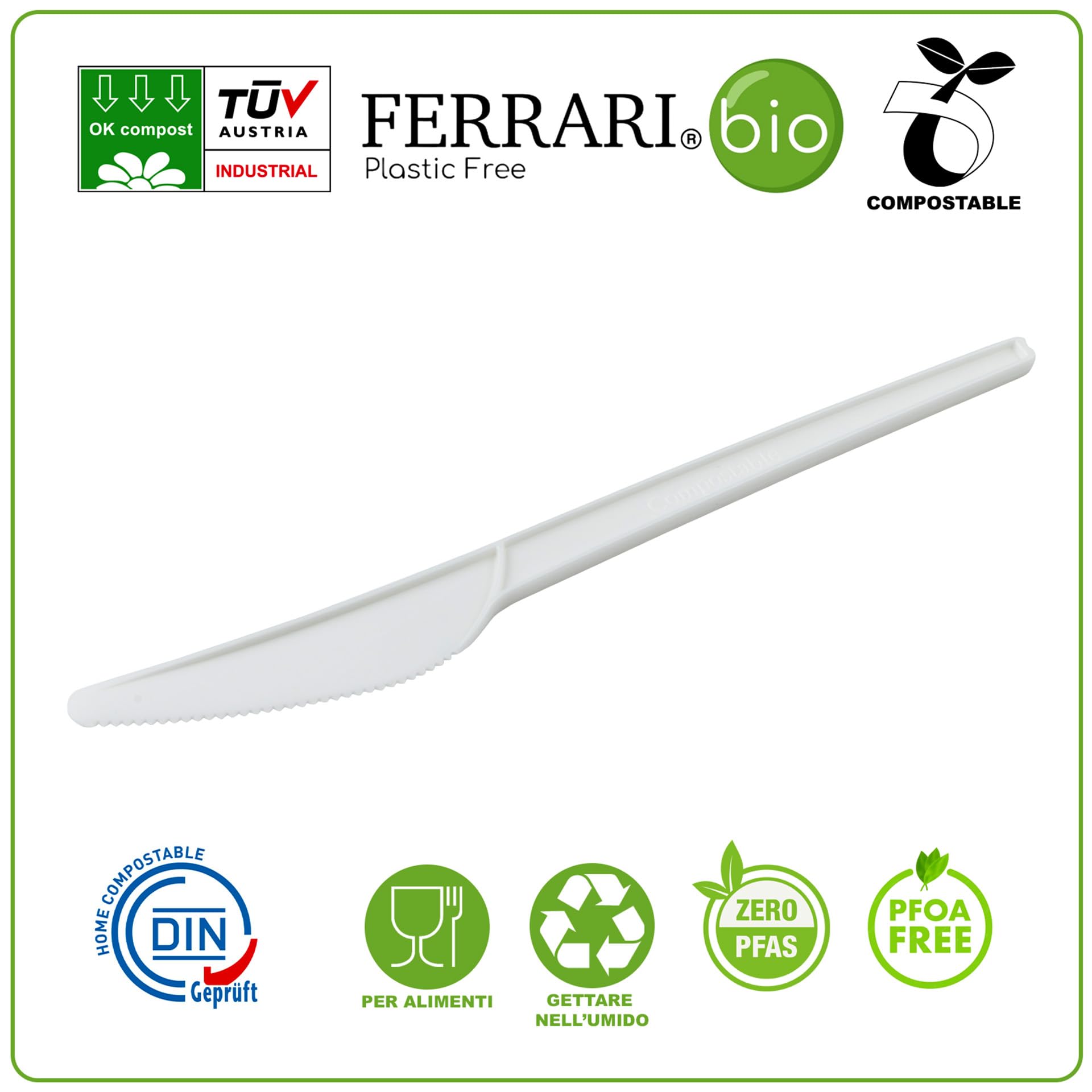 Ferrari Bio | Coltelli Imbustati in CPLA, 165 Mm, Confezione da 100 Pezzi, Posate Compostabili Ideali per Bar e Ristoranti