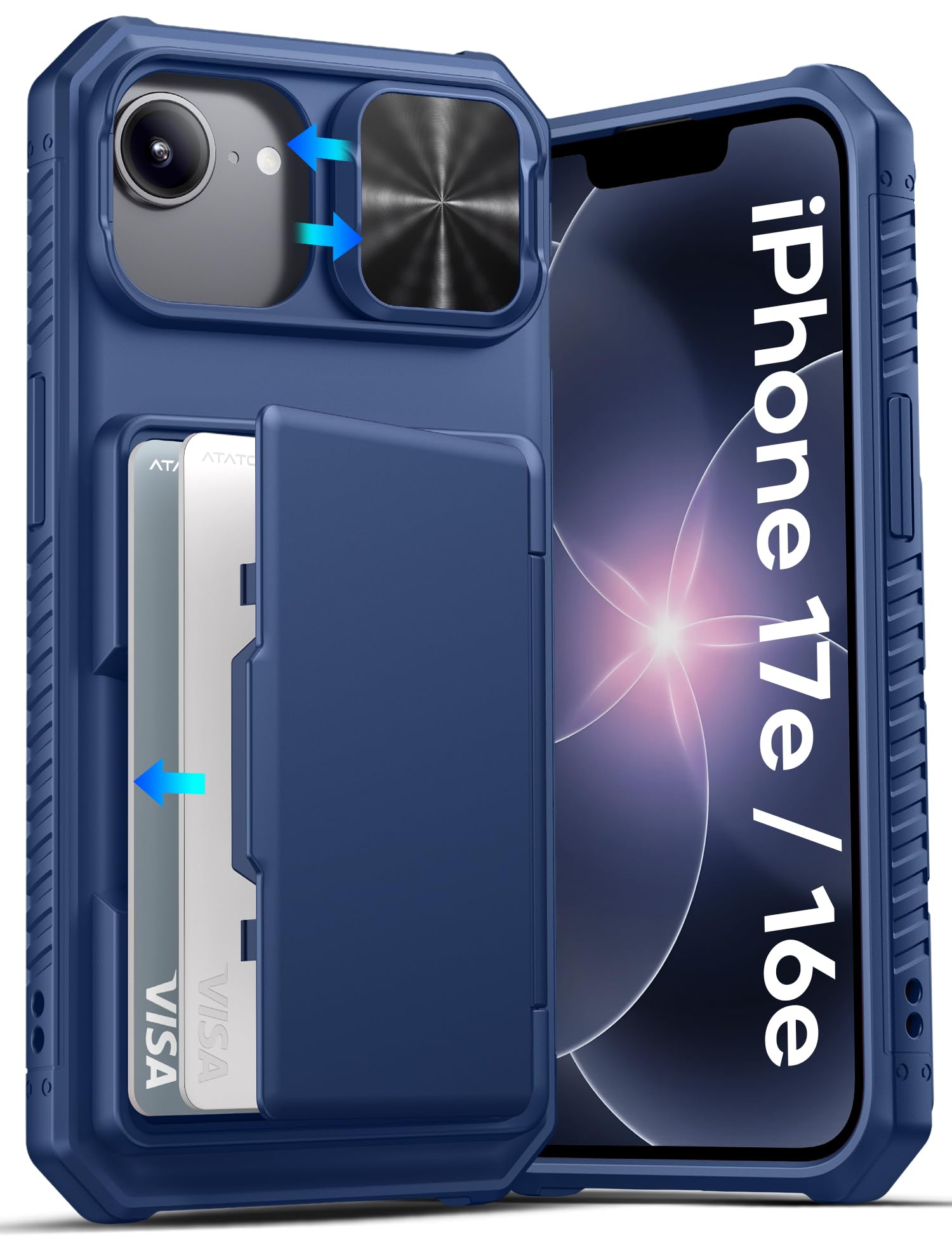 ATATOO for iPhone 17e/16e Wallet Case with Card Holder (3-5 Cards), Blue