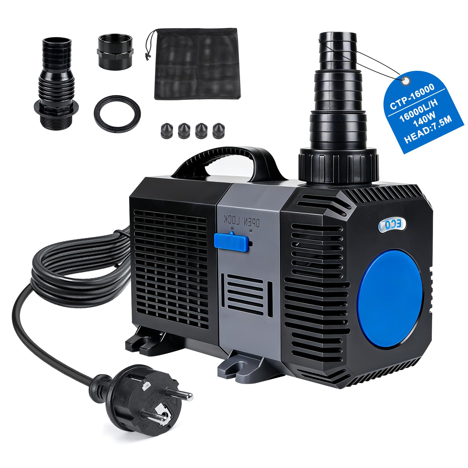 EXLECO Super Eco Bomba para Estanque Anfibia 16000L/H 140W Filtro Pecera, Bombas de Agua Sumergible, Bomba para Fuente Jardín, Filtro Acuario para Acuario y Estanque, CTP-16000