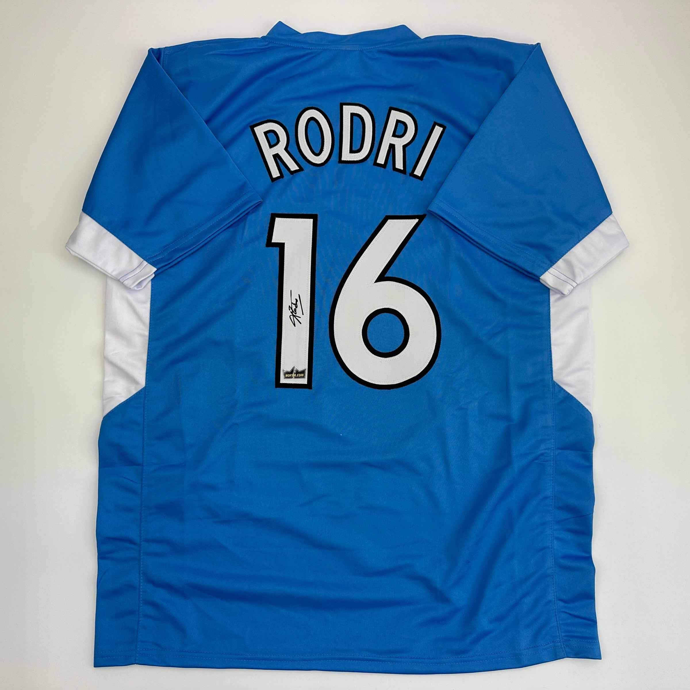 Facsimile Autographed Rodri Rodrigo Cascante Manchester City Blue Reprint Laser Auto Soccer Jersey Size Men's XL