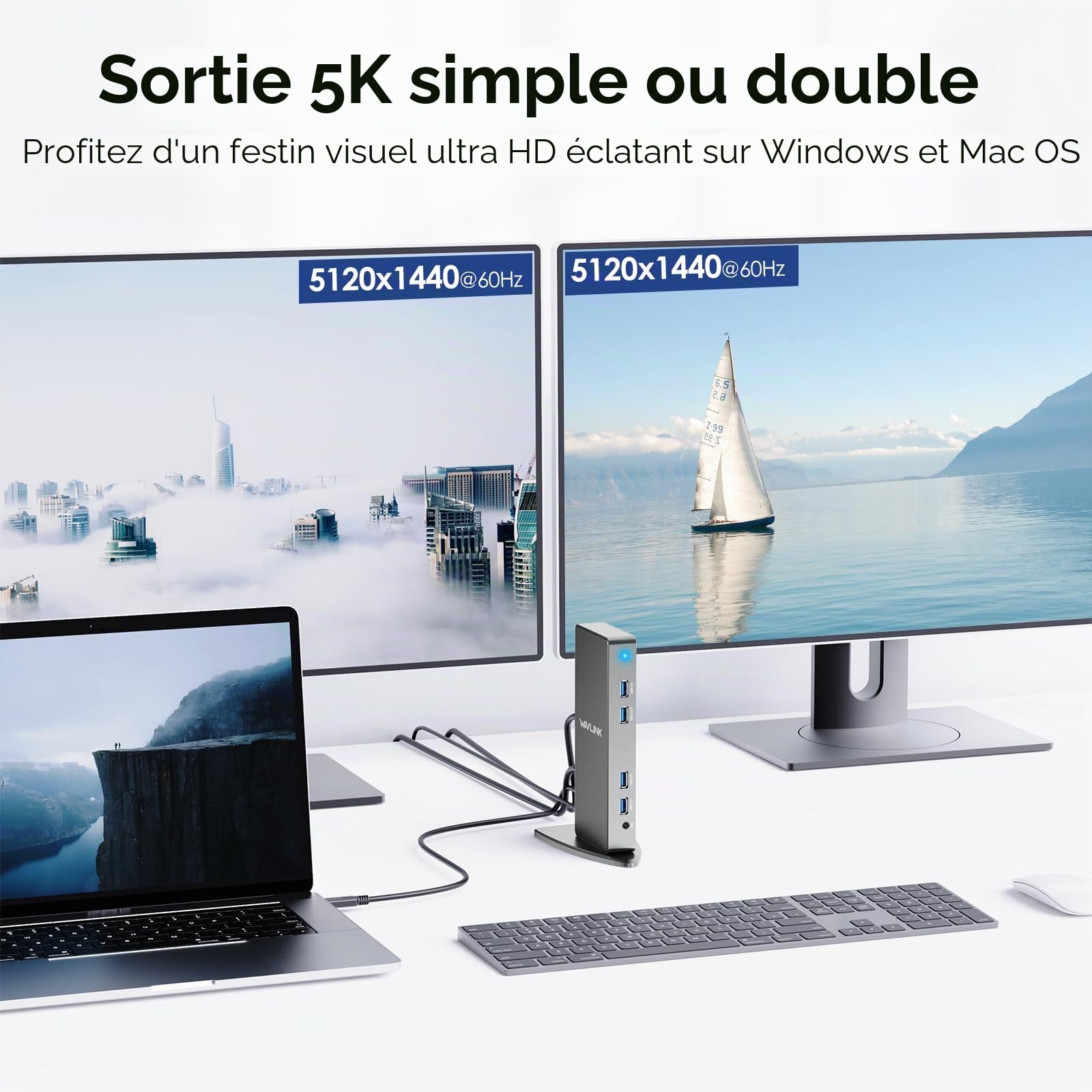 WAVLINK Station d'accueil USB C / USB3.0 Double 4K Affichage Compatible avec Windows et Mac OS (Dual 4K DisplayPort & HDMI, Gigabit Ethernet, Audio, 6 Ports USB)