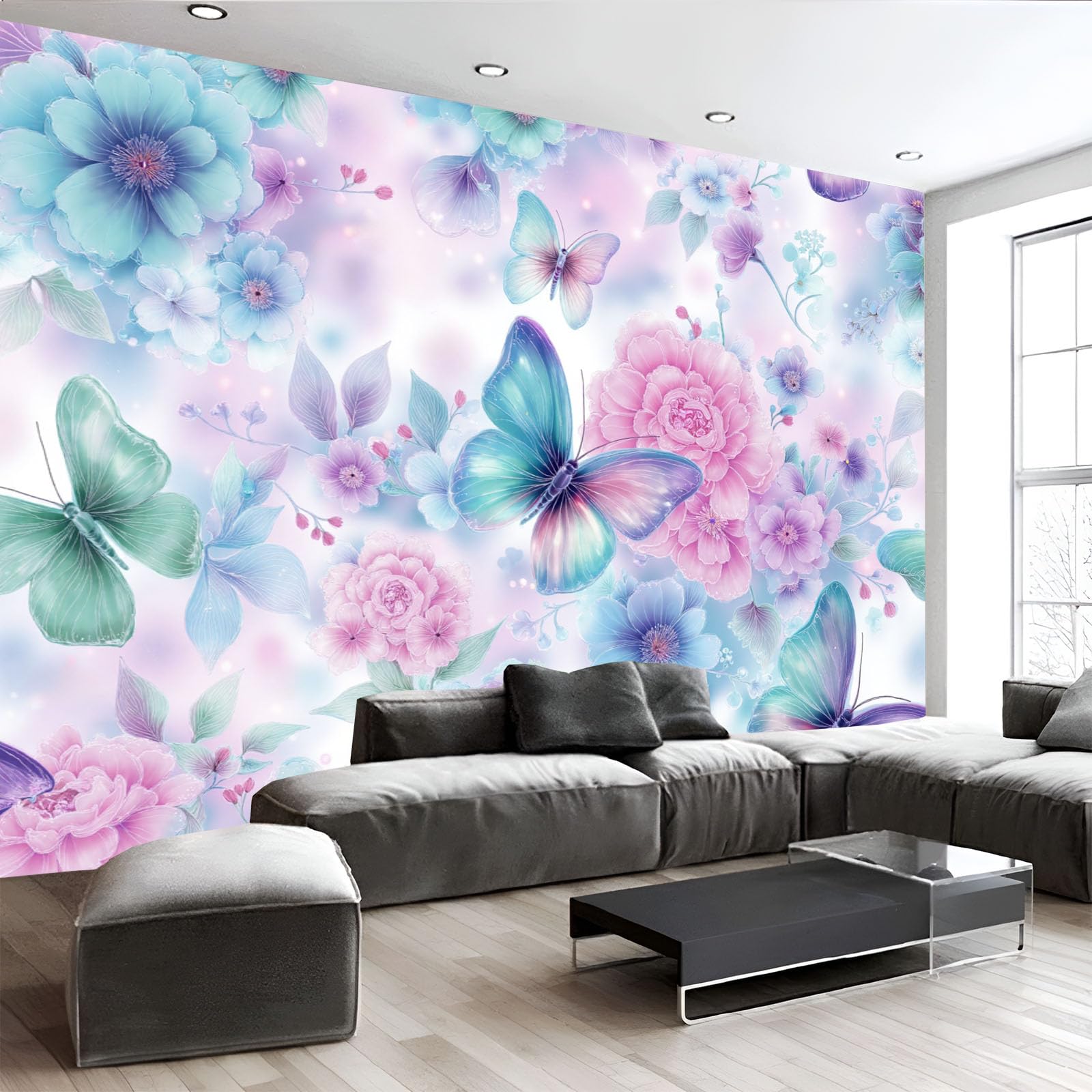 Papier peint fleurs papillon pour chambre adulte et grand poster mural de salon