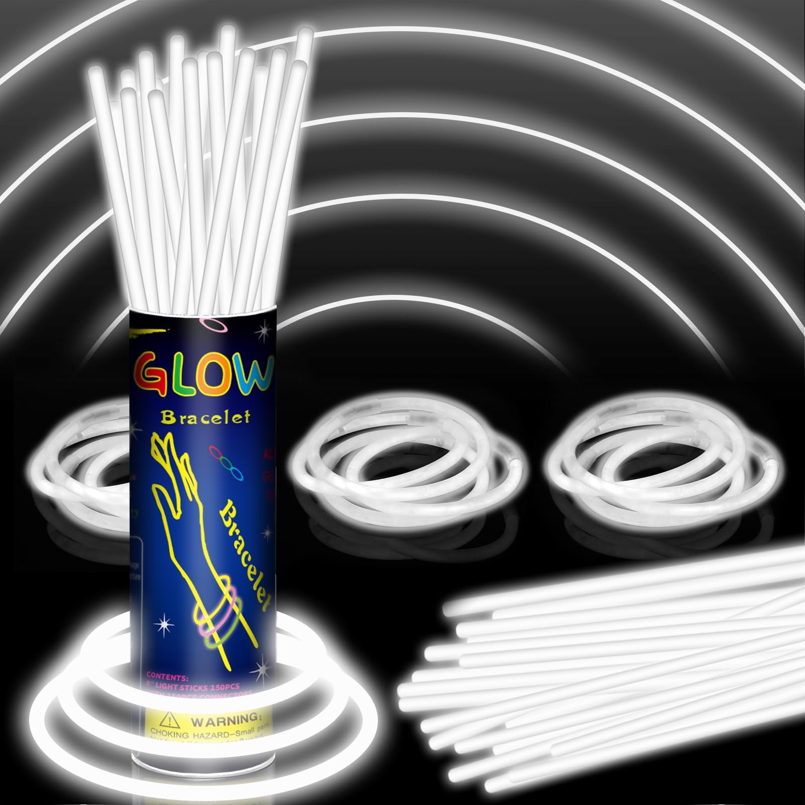 150 Pack 8” White Glow Sticks Bulk with 150 Connectors Neon Glow In The Dark Party favors Supplies for Holiday Birthday Party Decoration (White)