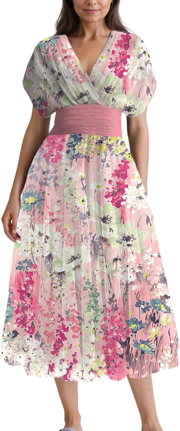 Women Floral Printed Wrap V Neck Dresses Short Sleeve Spring Summer Dressy Casual Elegant Flowy Swing Maxi Long Dress