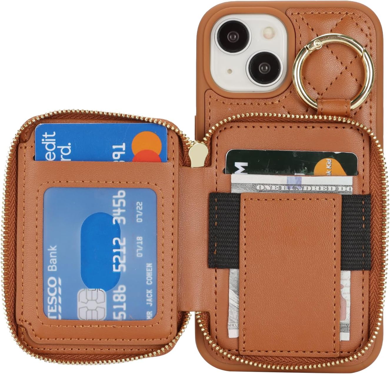for iPhone 14 Case Wallet with Card Holder,for iPhone 14 Phone case Wallet with Zipper with Slot Kickstand Stand Case for Women and Man 5G 6.1 Inch-Brown