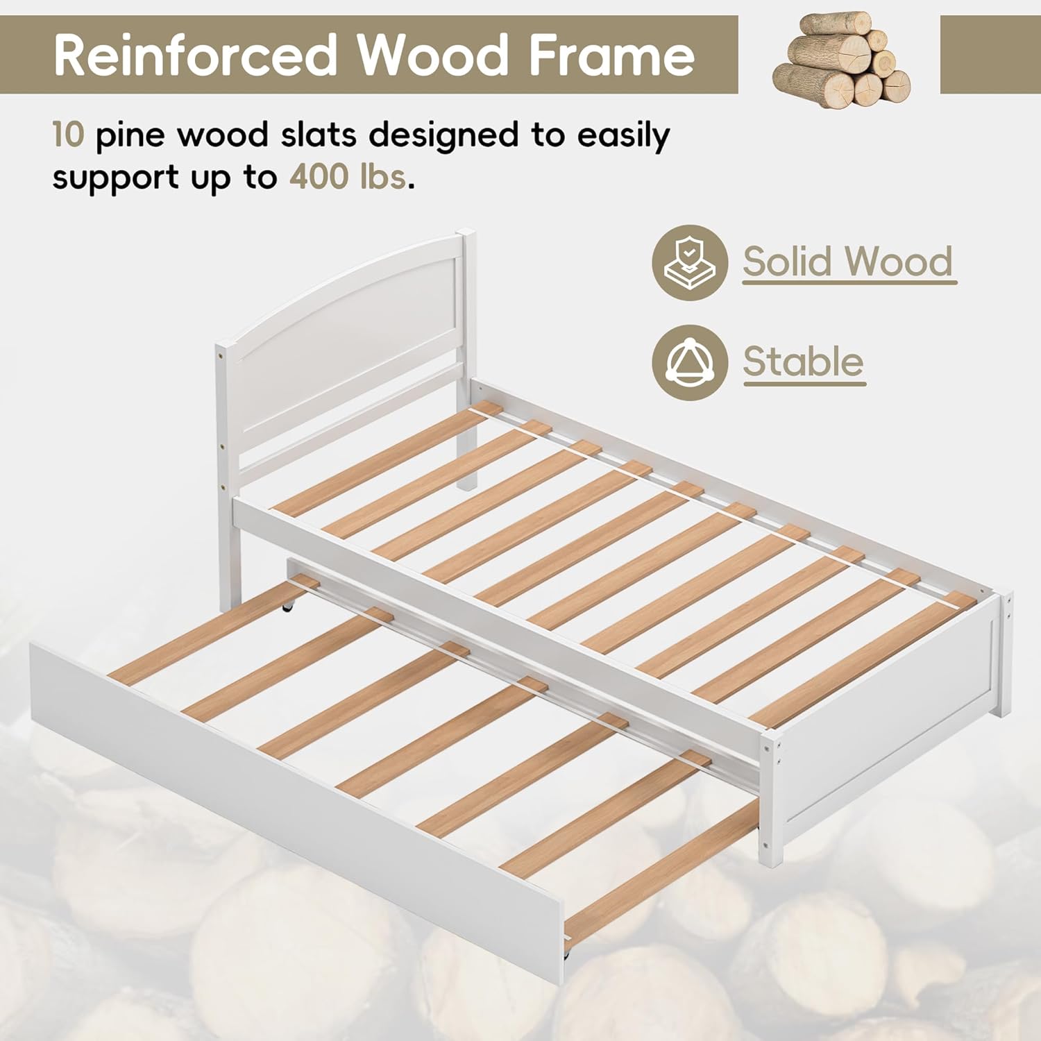 Twin Trundle Bed, Solid Wooden Pull Out Bedframe, Extendable Day Bed with Headboard and Soild Wood Slats Support, Bedroom, Living Room, Guest Room, No Box Spring Needed (White)