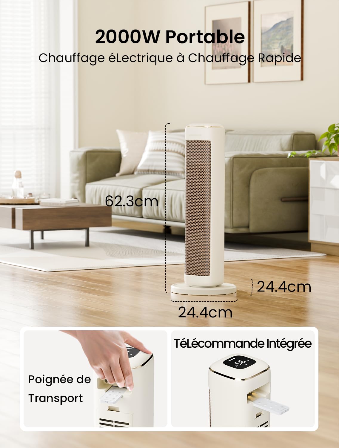 AIRMATE Chauffage d'appoint de Grande Pièce de 63cm, Chauffage Electrique de 2000W, Chauffage Soufflant en Céramique PTC économique, Radiateur Electrique, Radiateur Soufflant,Télécommande