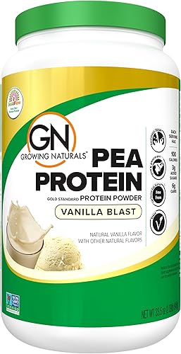 Growing Naturals Polvo de guisante crudo de vainilla de 0.53oz de proteína vegetal 0.10oz de BCAA, bajo en carbohidratos, bajo en azúcar, sin OMG,