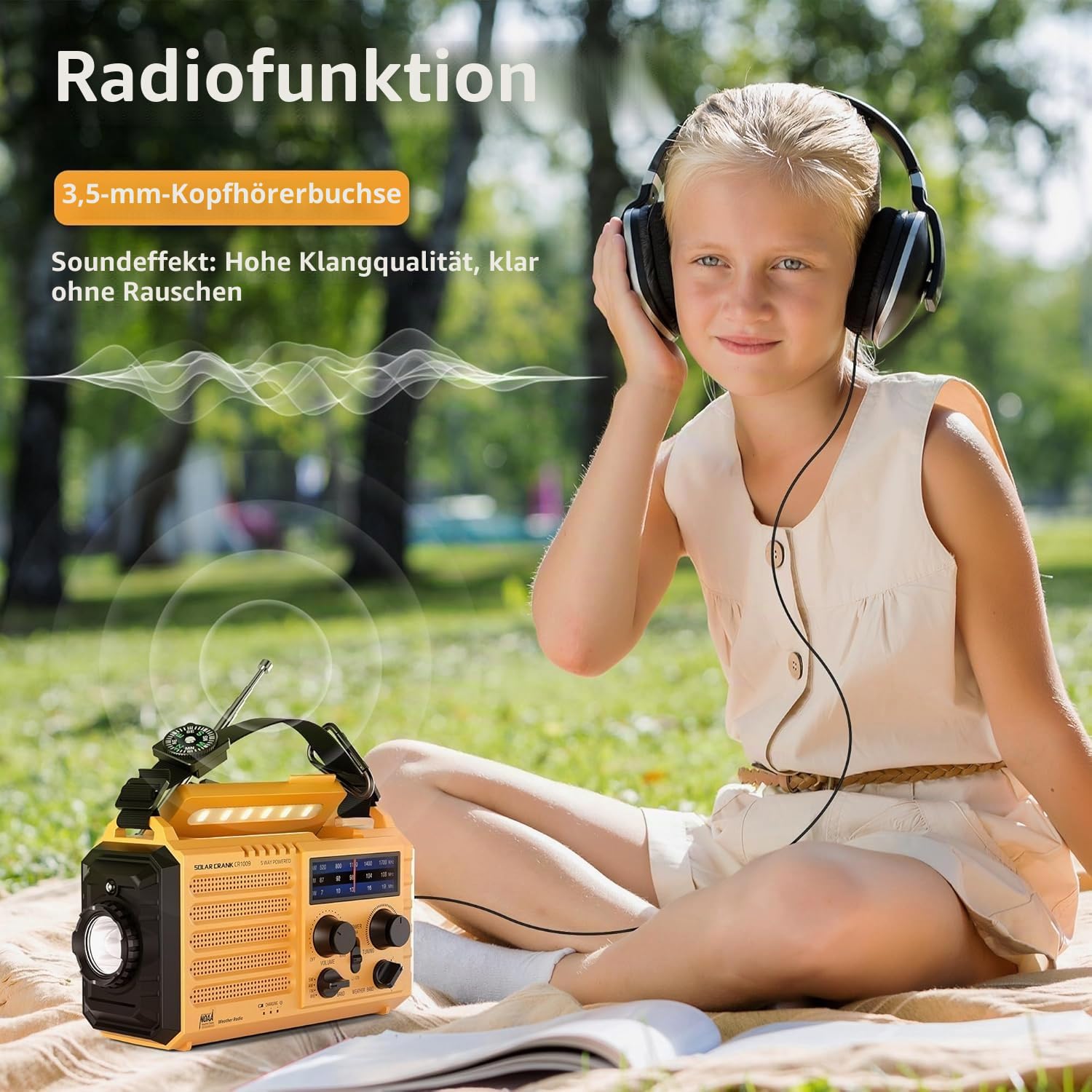 Tragbare Solar Radio, Notfall Radio mit Kurbel, Dynamo Wetter AM/FM/SW Radio, 5000mAh Wiederaufladbare Powerbank, Typ C Anschluss, LED Taschenlampe&Leseleuchte, SOS Alarm, Kompass für Camping Outdoor