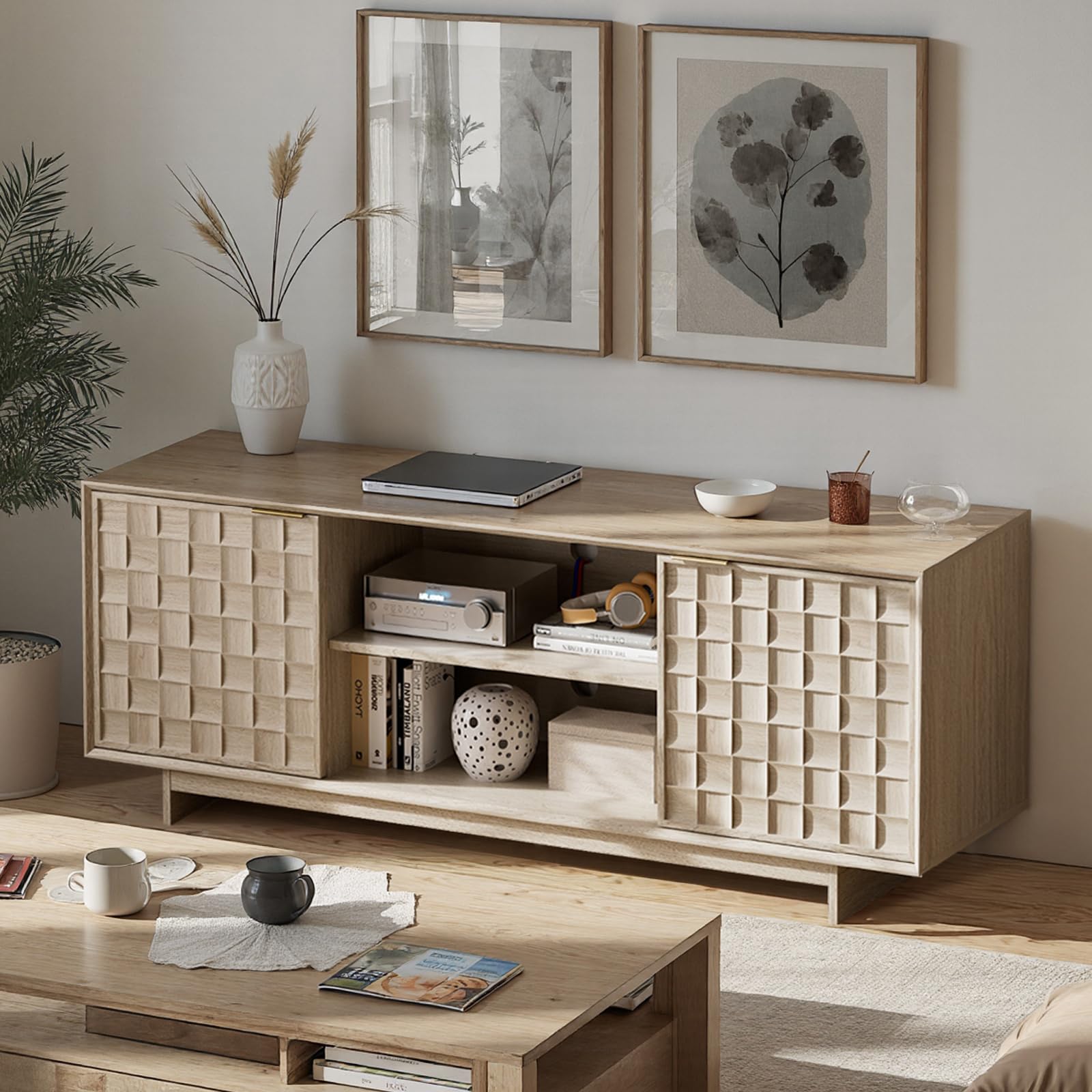 COLAMY TV-Schrank mit Zwei Türen, Entertainment-Center 150 cm mit verstellbaren Einlegeböden und Stauraum, Mid-Century Modern TV-Board für 50/55/65 Zoll Fernseher, Media-Konsole für Wohnzimmer, Eiche