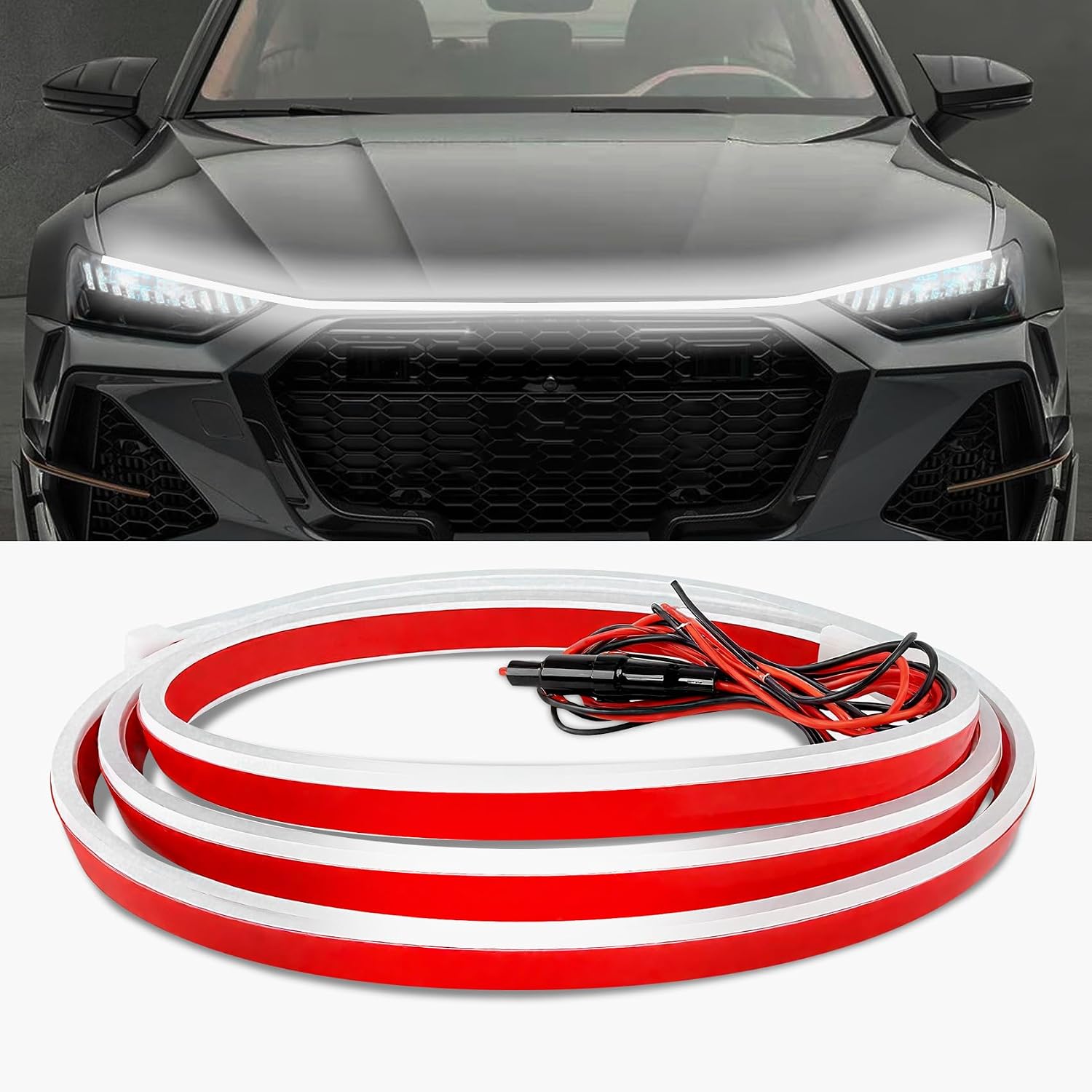 Car Hood Light Strip, Waterproof Flexible Car Start Scanning Full-Width Daytime Running Lights, Exterior Engine Hood Decorative Lights, Grille LED Light for Cars SUVs Trucks (White, 1.5M)